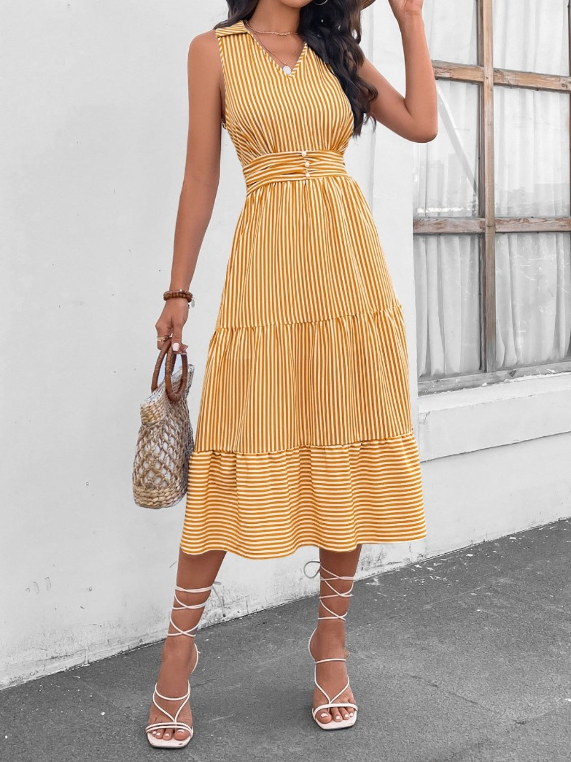 Striped Johnny Collar Sleeveless Midi Dress BLUE ZONE PLANET