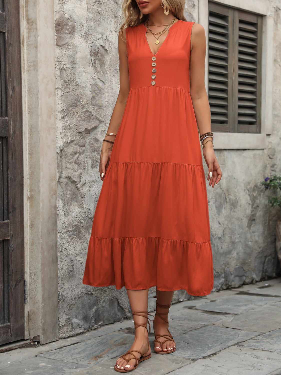 Blue Zone Planet | Decorative Button Notched Sleeveless Dress BLUE ZONE PLANET