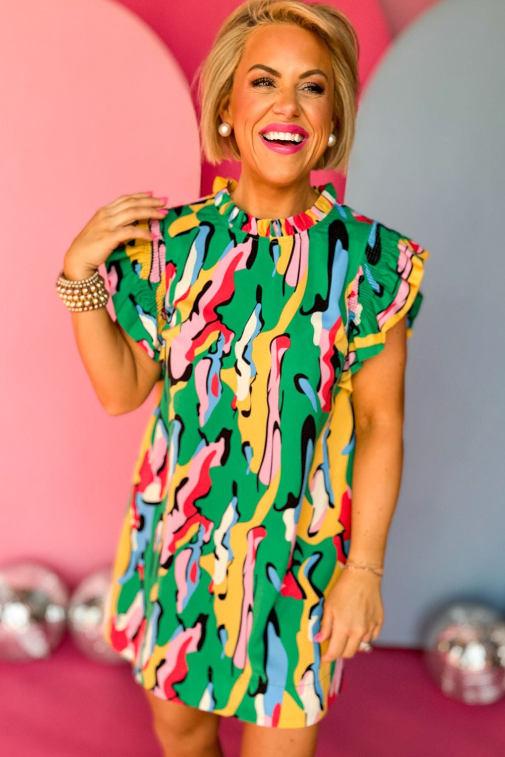 Green Abstract Print Frilled Neck Ruffled Sleeve Mini Dress Blue Zone Planet