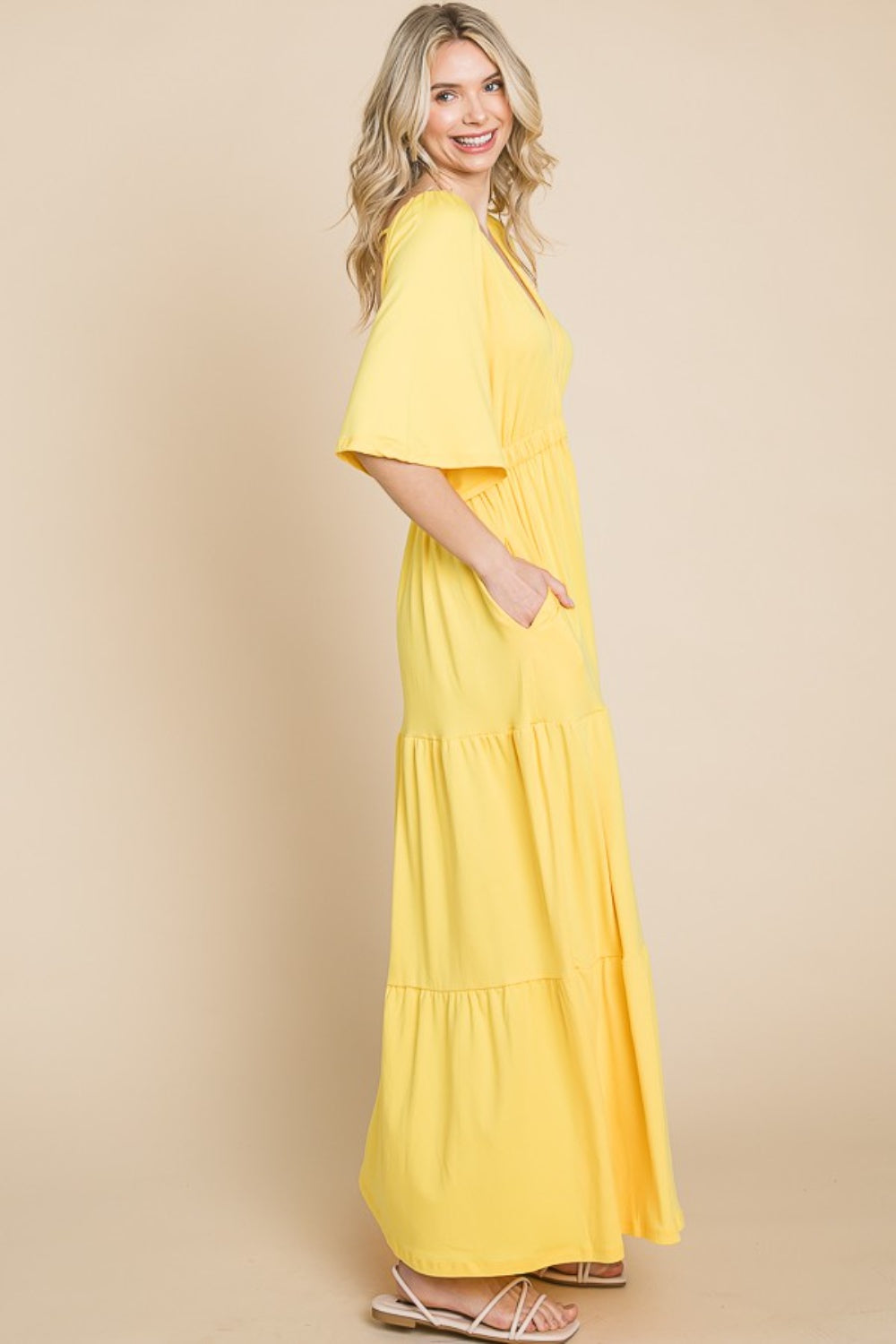 Blue Zone Planet | Culture Code Backless Plunge Half Sleeve Tiered Dress BLUE ZONE PLANET