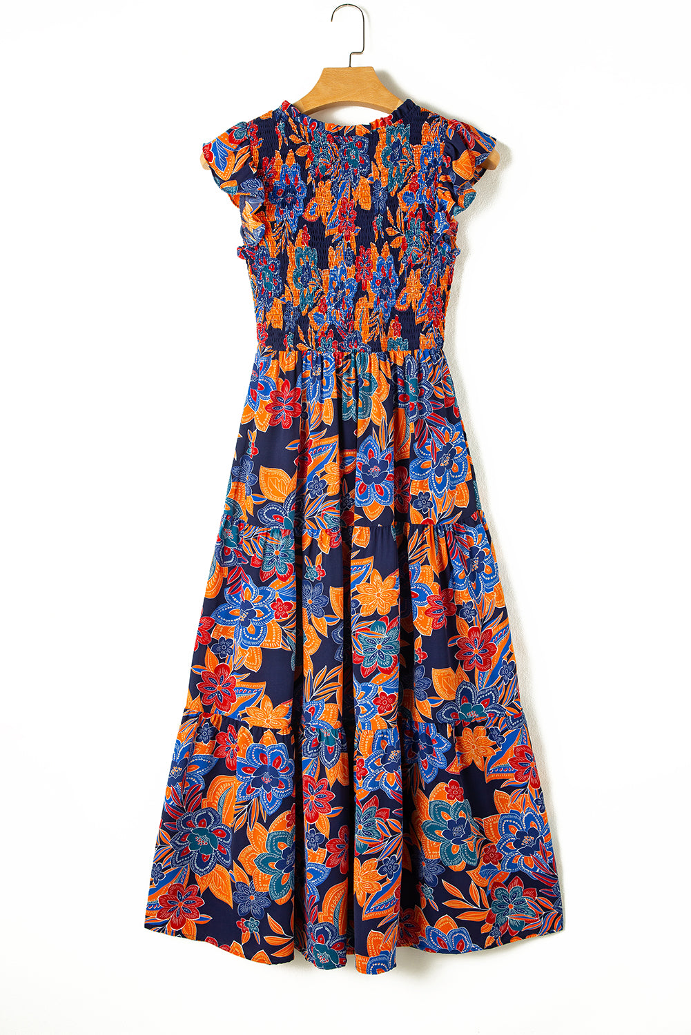Dark Blue Boho Floral V Neck Ruffle Tiered Long Dress Blue Zone Planet