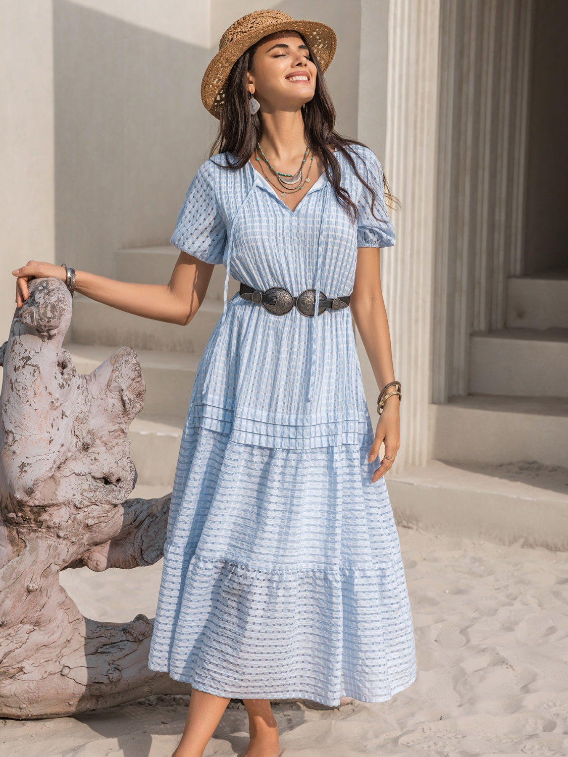 Blue Zone Planet | Tie Neck Balloon Sleeve Tiered Dress BLUE ZONE PLANET