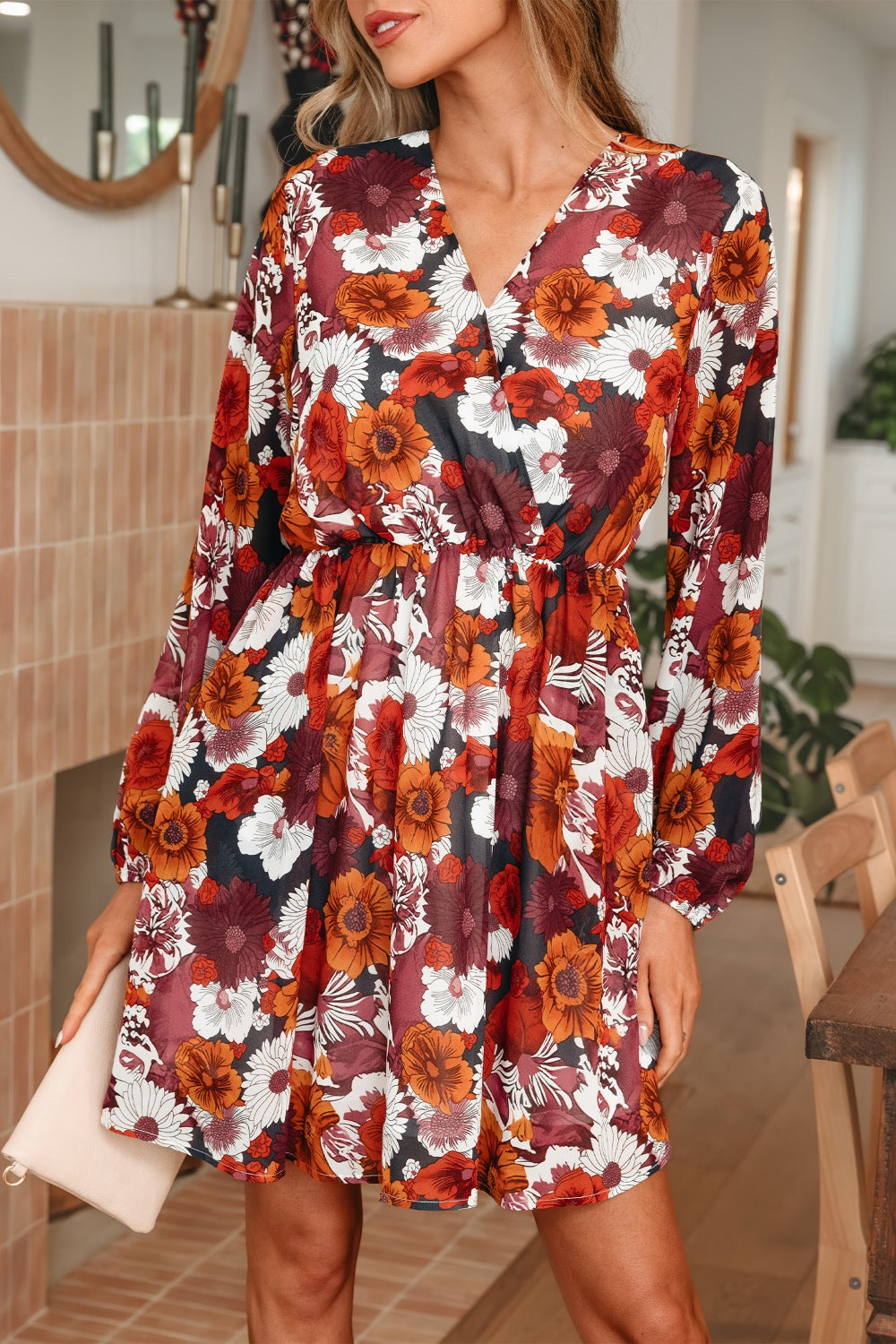 Floral Print Wrap V Neck Puff Sleeve Flowy Mini Dress Floral Print Wrap V Neck Puff Sleeve Flowy Mini Dress