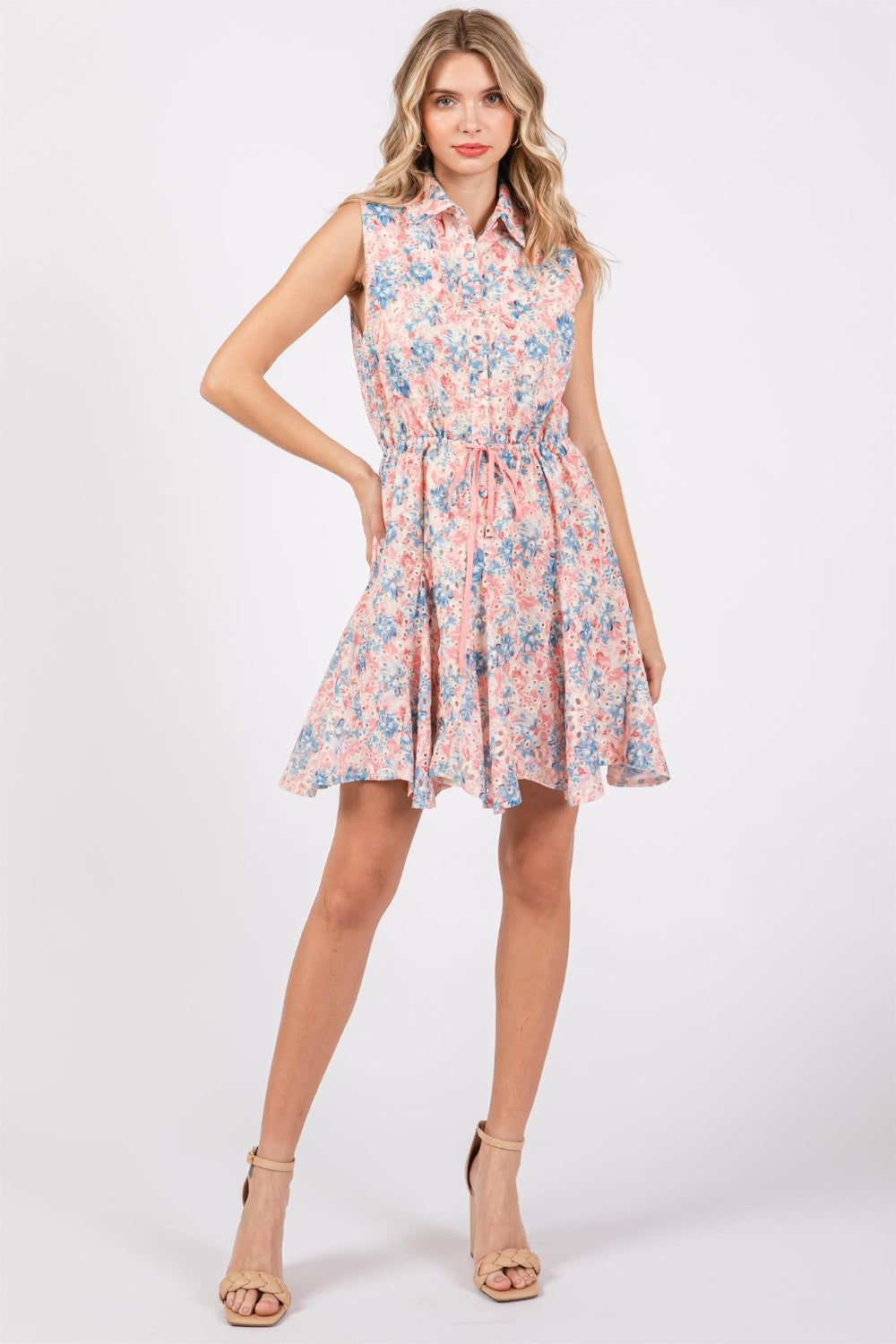 Blue Zone Planet | GeeGee Full Size Floral Eyelet Sleeveless Mini Dress BLUE ZONE PLANET
