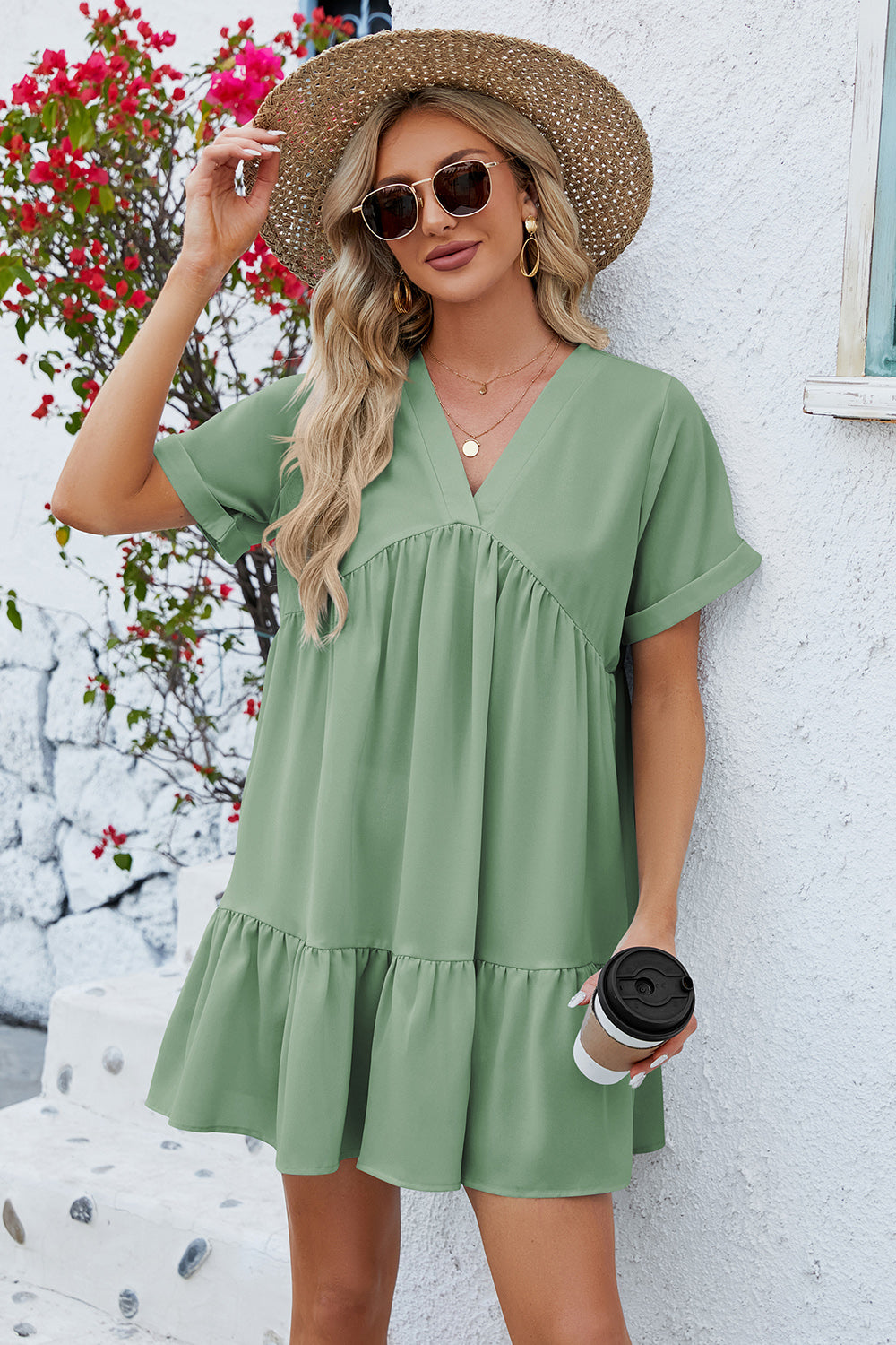 Blue Zone Planet | Ruched Tiered V-Neck Short Sleeve Mini Dress BLUE ZONE PLANET