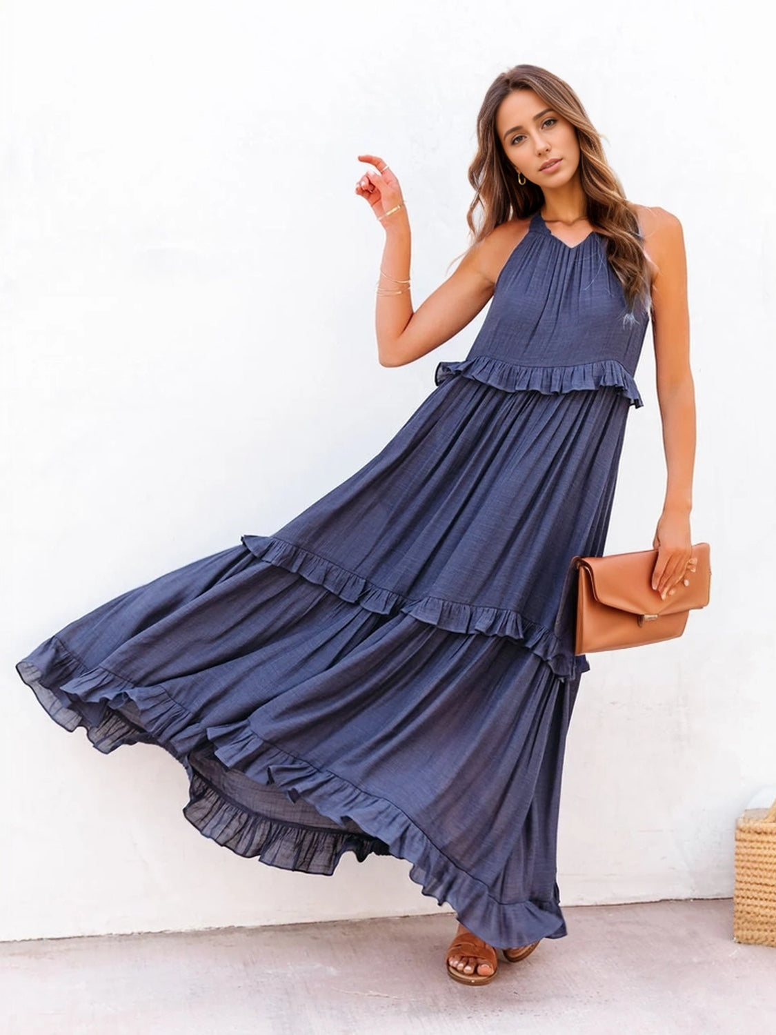 Blue Zone Planet | Ruffled Sleeveless Tiered Maxi Dress with Pockets BLUE ZONE PLANET