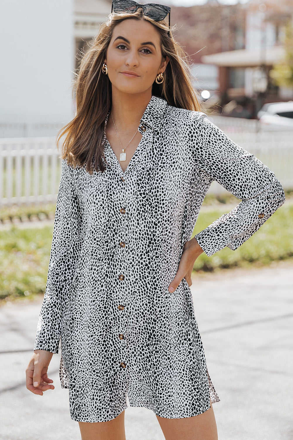 Zone Planet | Long Sleeve Leopard Animal Print Shirt Dress -