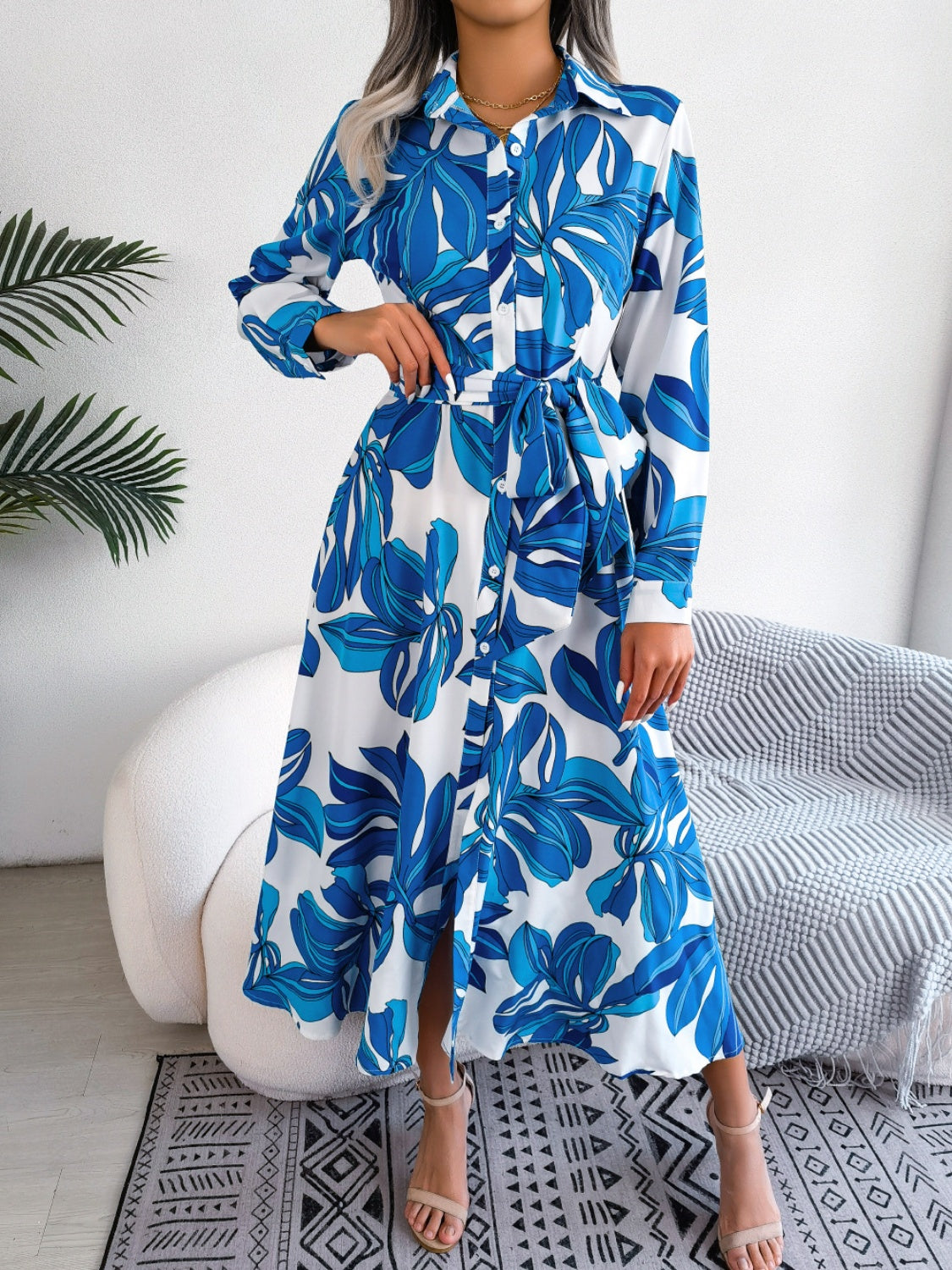 Tied Button Up Long Sleeve Dress - Blue Zone Planet Royal Blue / S by Blue Zone Planet Tied Button Up Long Sleeve Dress - Blue Zone Planet Royal Blue / S by Blue Zone Planet