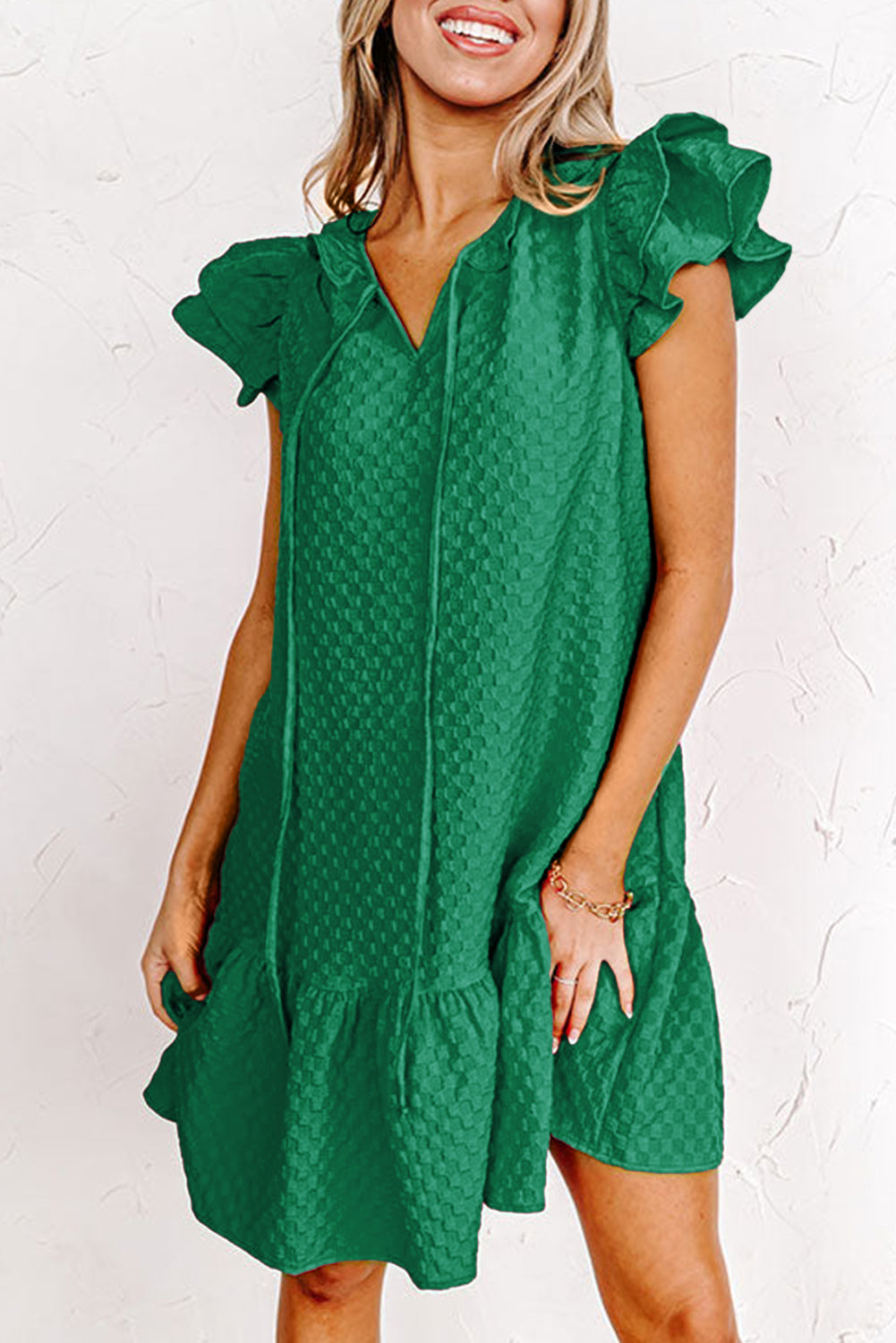 Blackish Green Flutter Sleeve Ruffled Textured Shift Dress Blue Zone Planet