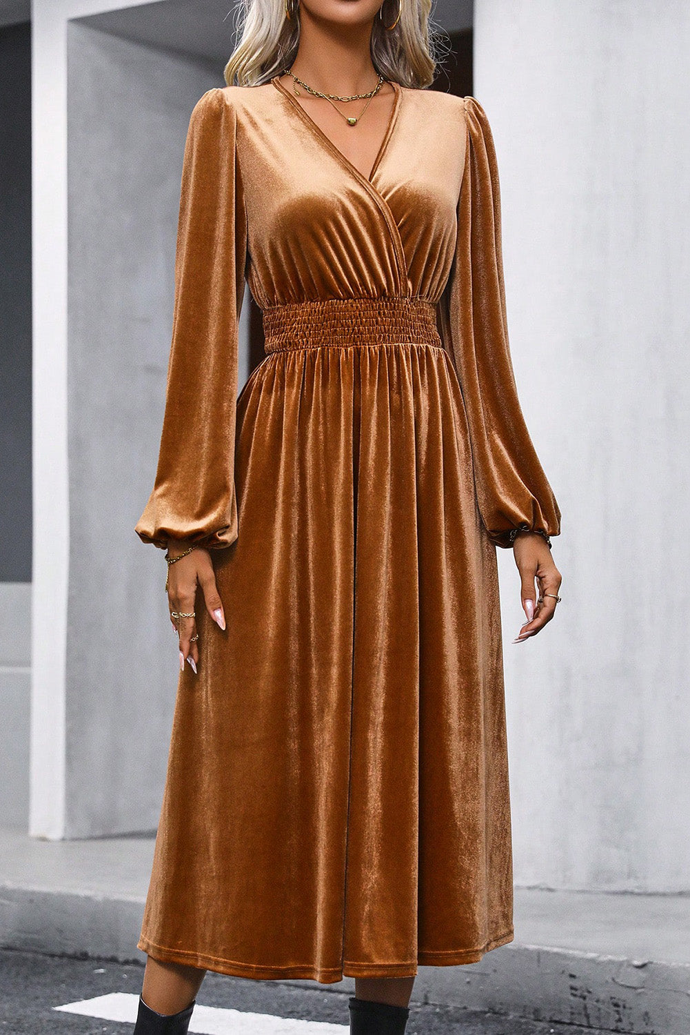 Camel Wrap V Neck Smocked High Waist Velvet Midi Dress Blue Zone Planet
