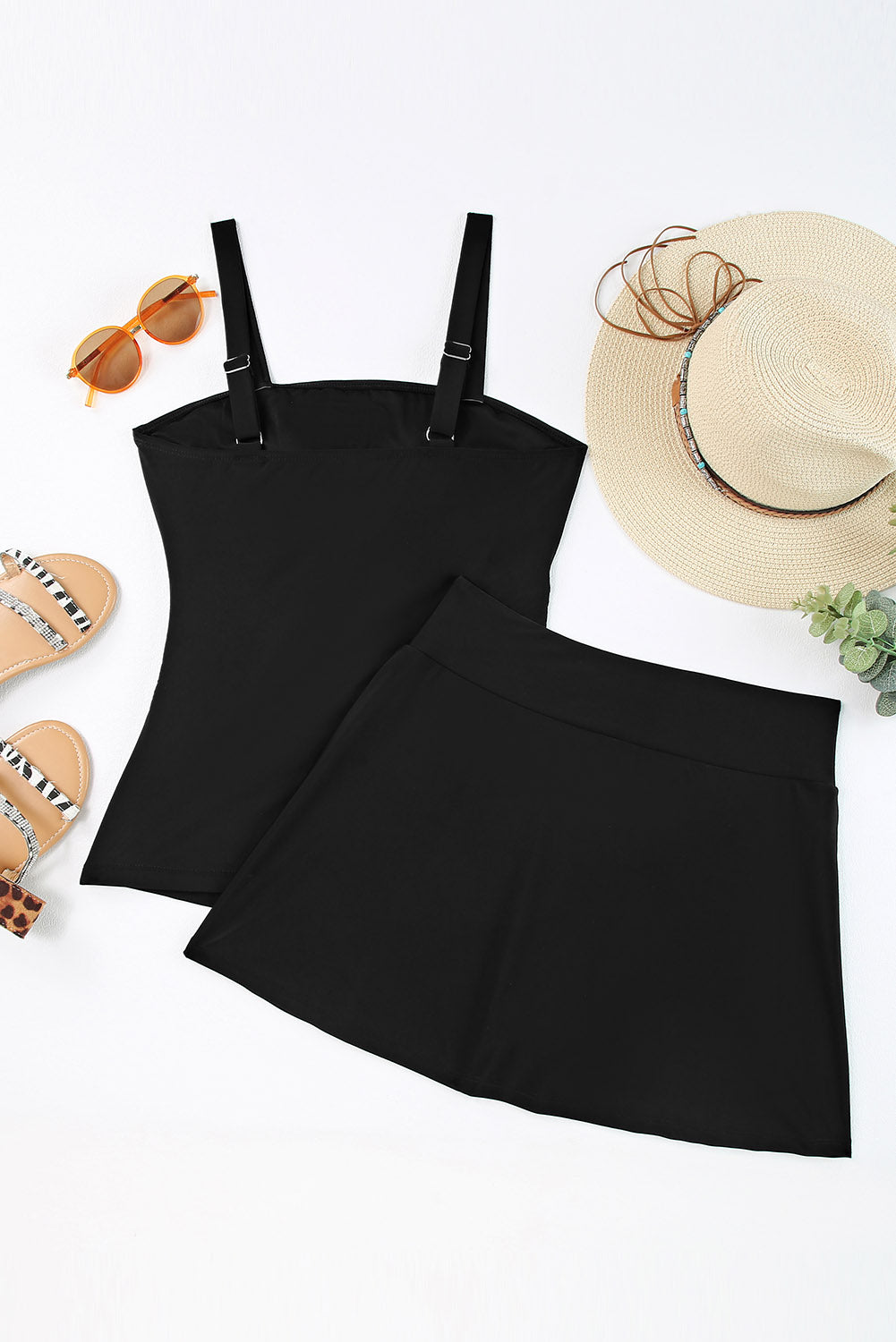 Blue Zone Planet |  Black Solid Square Neck Sleeveless Tankini Swimsuit Blue Zone Planet