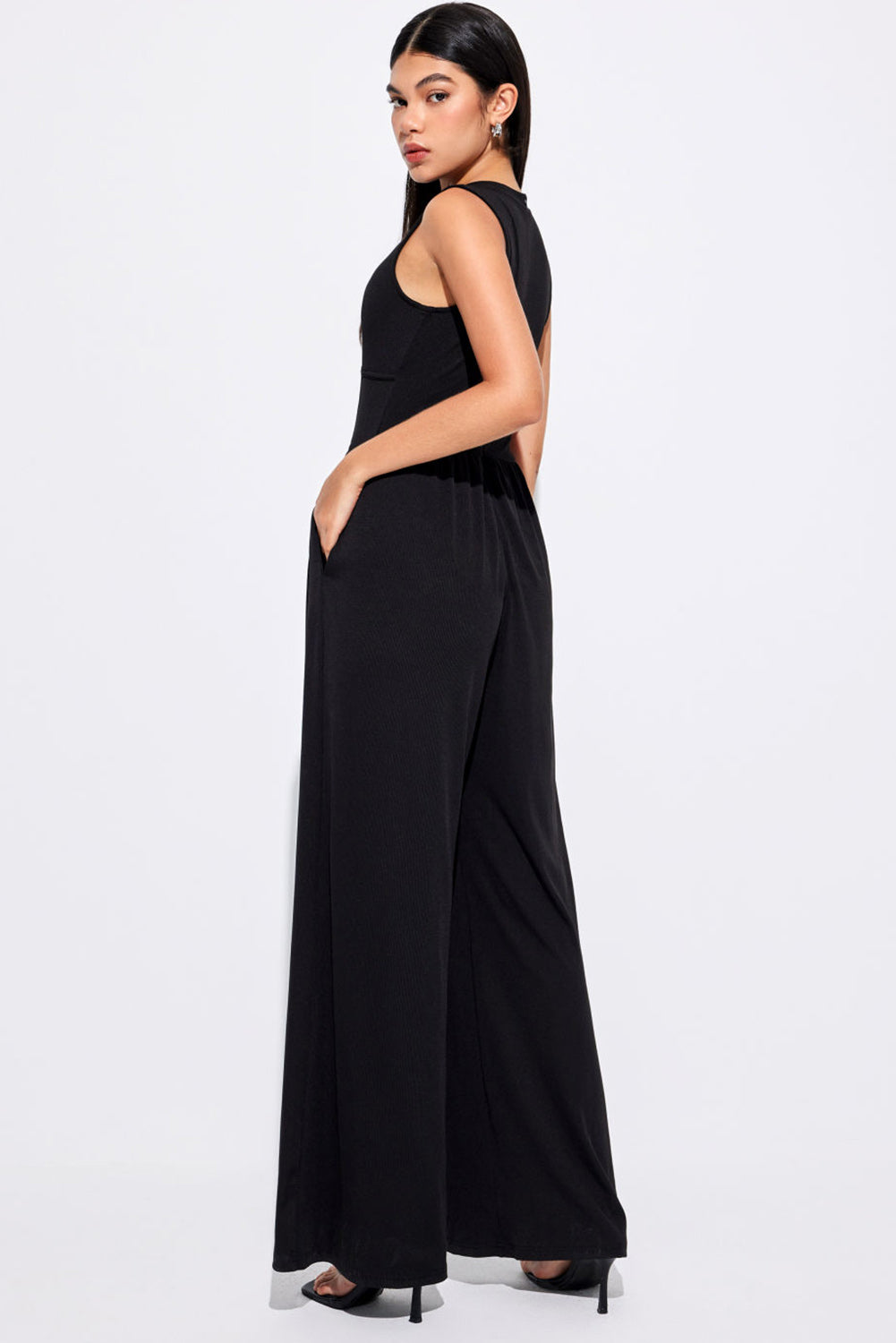 Black Cinched Waist Sleeveless Wide Leg Jumpsuit Blue Zone Planet