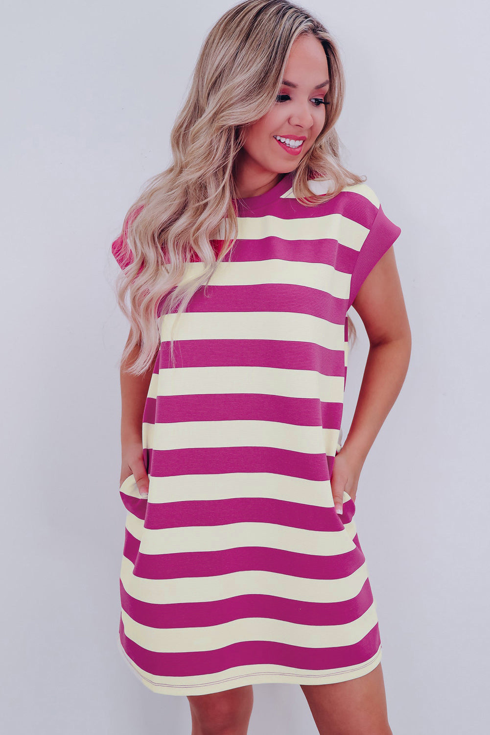 Blue Zone Planet | Rose Stripe Cap Sleeve Pocketed Shift T-shirt Dress Blue Zone Planet