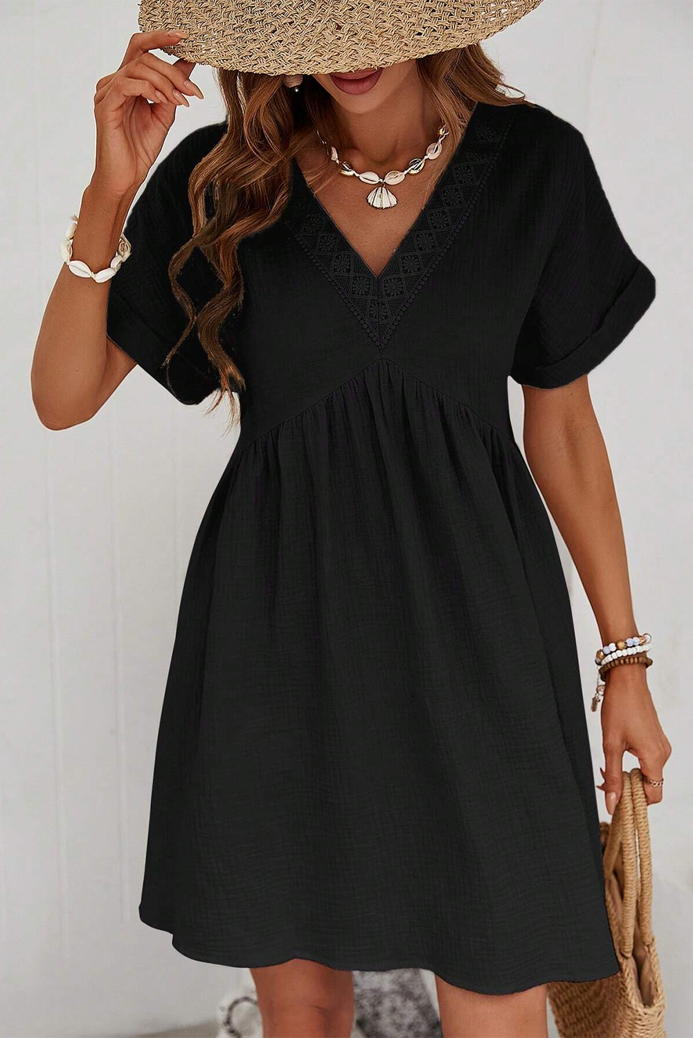 Blue Zone Planet | Black Folded Short Sleeve Lace V Neck Mini Dress Blue Zone Planet