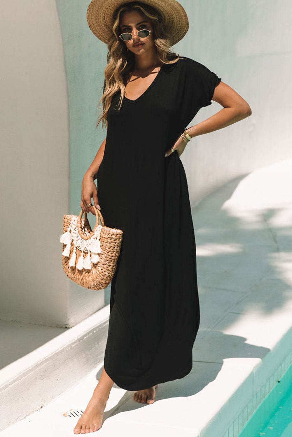 Blue Zone Planet | Black V Neck Hidden Pocket Splits Maxi T-shirt Dress Blue Zone Planet