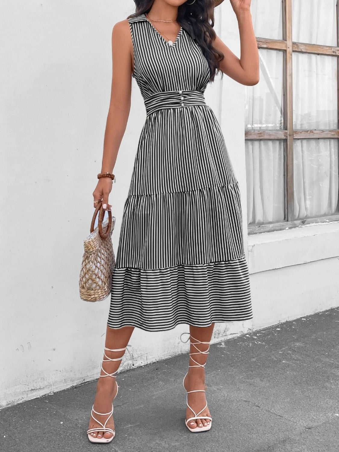 Striped Johnny Collar Sleeveless Midi Dress BLUE ZONE PLANET