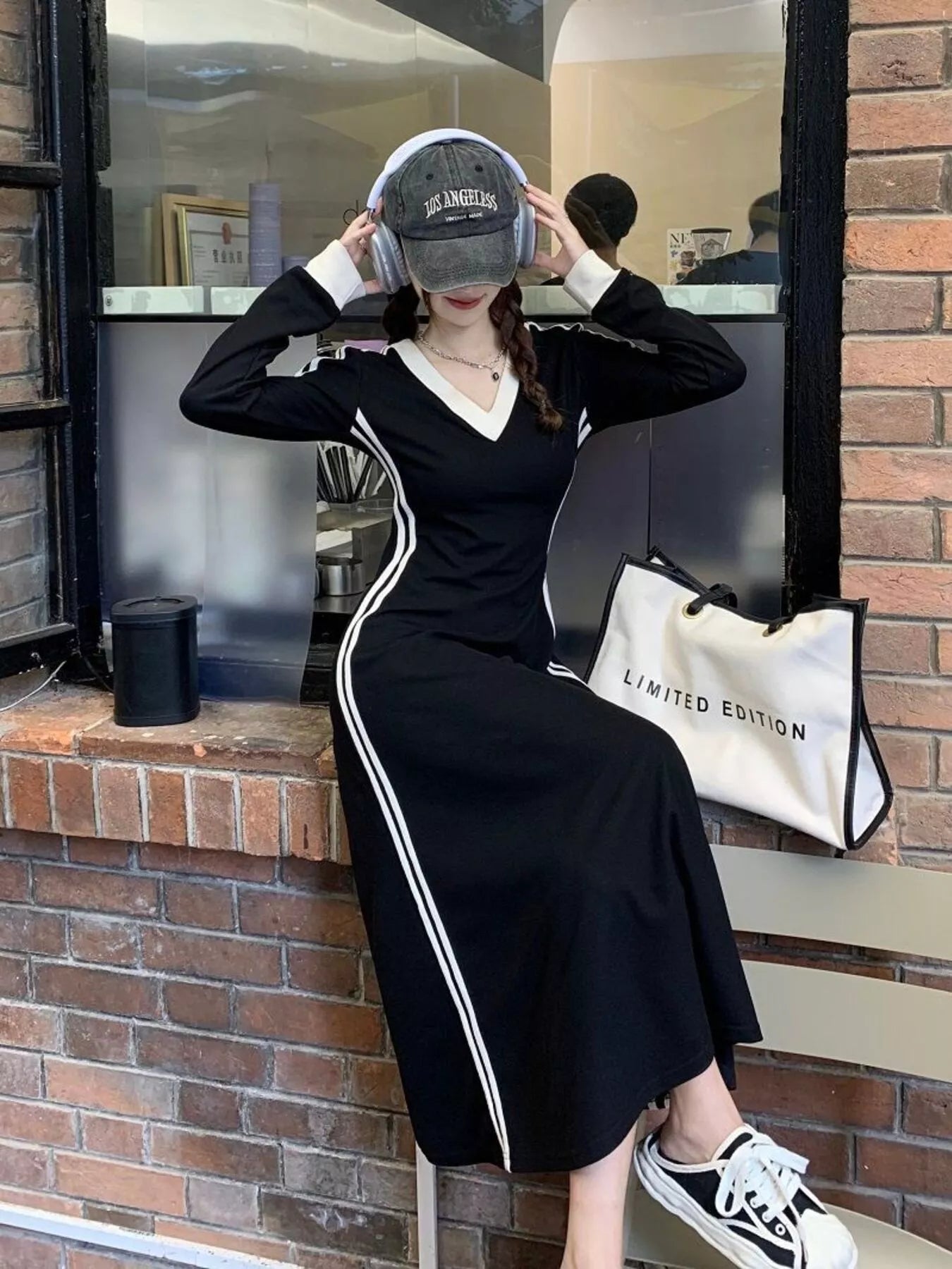 black long sleeve bodycon dress plus size Plus Size V-Neck Long Sleeve Bodycon Midi Dress With Side Stripes
