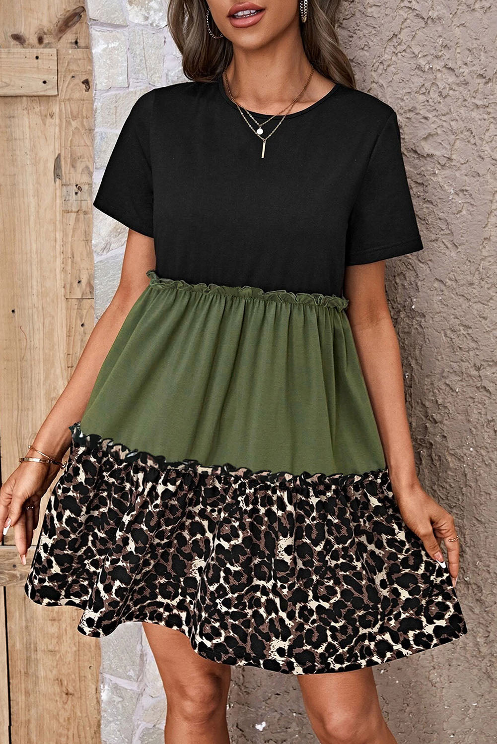 Blue Zone Planet | Light French Beige Leopard Print Colorblock Frill Trim T-shirt Dress Blue Zone Planet