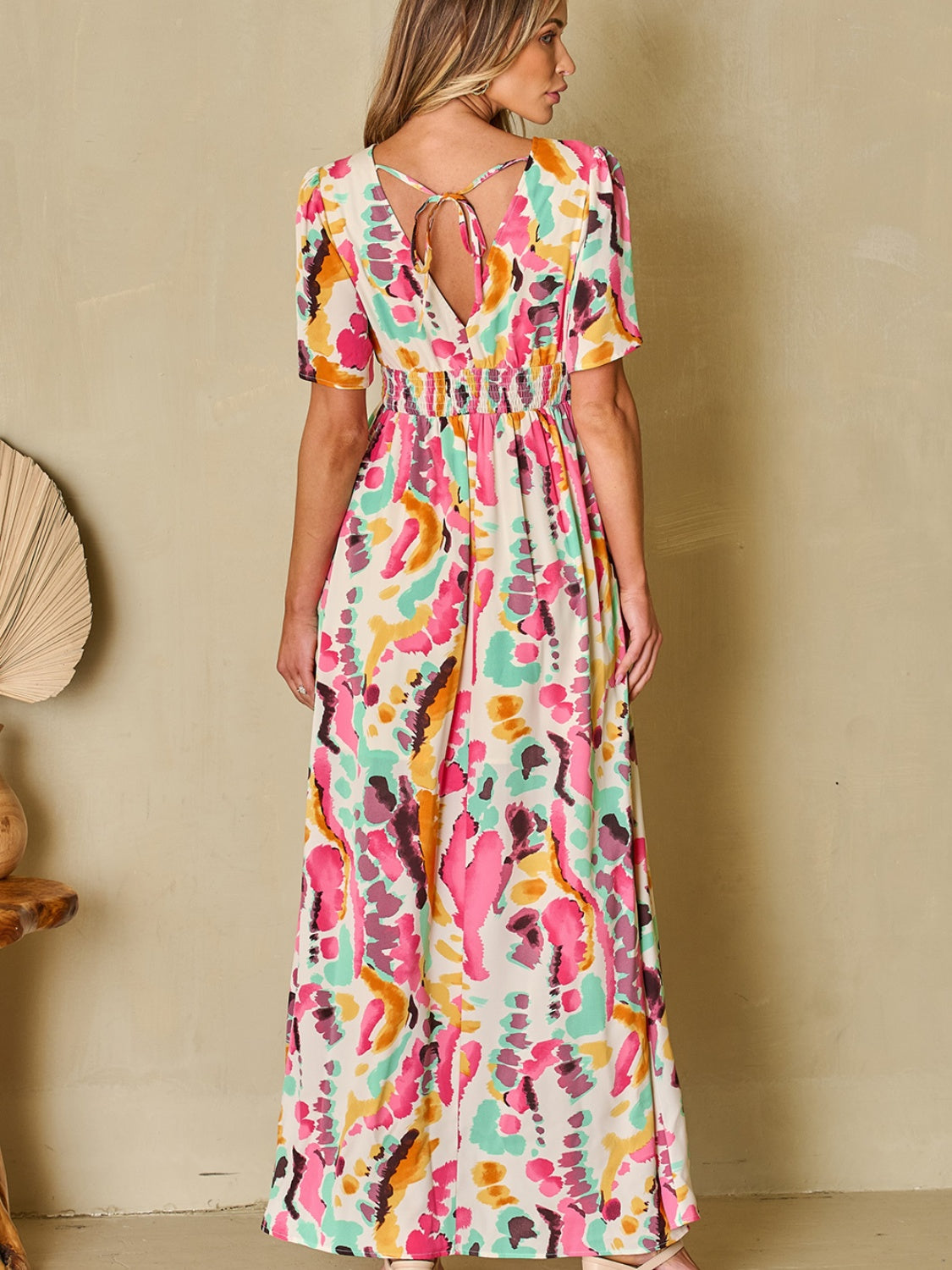 Blue Zone Planet |  Slit Printed Surplice Short Sleeve Maxi Dress BLUE ZONE PLANET