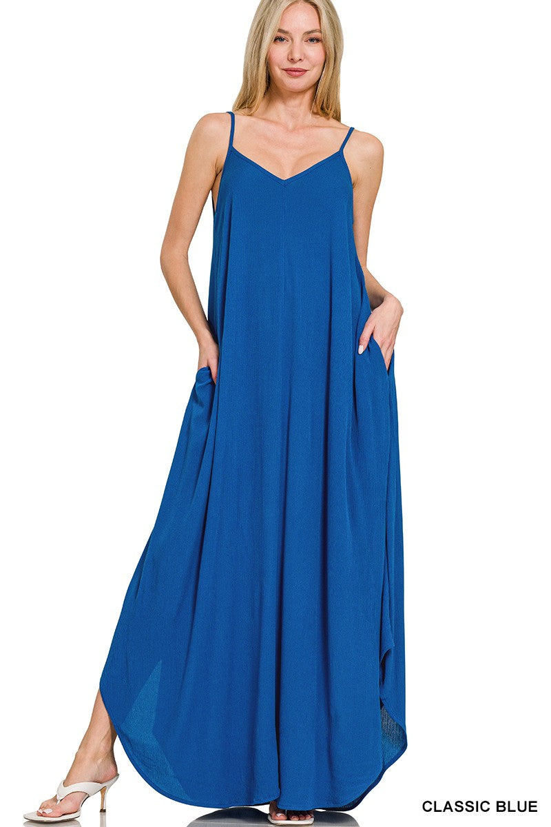 Zenana Woven Crinkle Cami Maxi Dress with Side Pockets CLASSIC BLUE / S