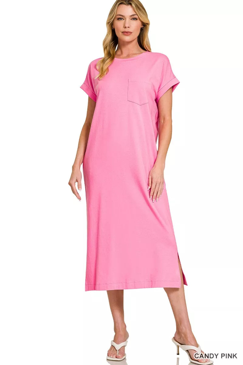Zenana Round Neck Short Sleeve Midi Dress Candy Pink / M