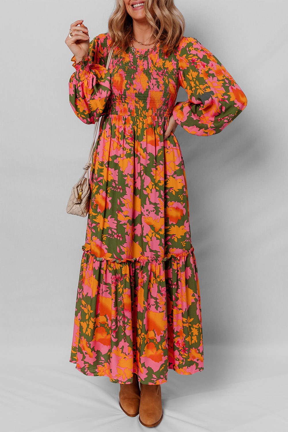 Orange Floral Puff Sleeve Smocked Bodice Ruffled Long Dress Orange / L / 100%Viscose