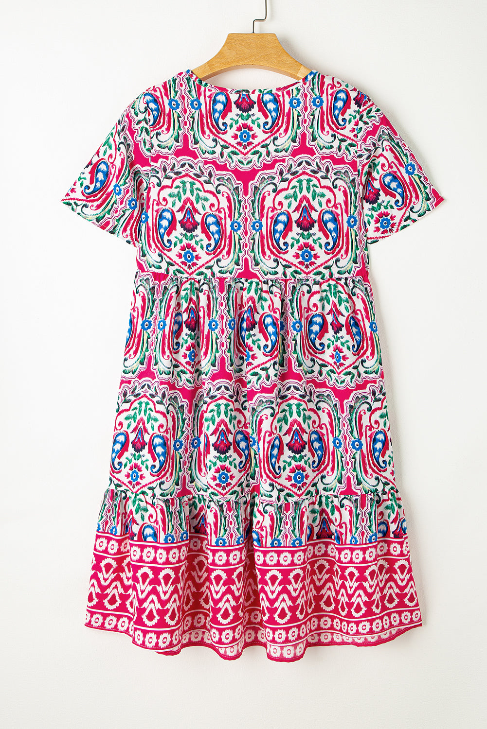 Blue Zone Planet | Pink Bohemian Print Tie Neck Ruffle Hem Short Dress Blue Zone Planet