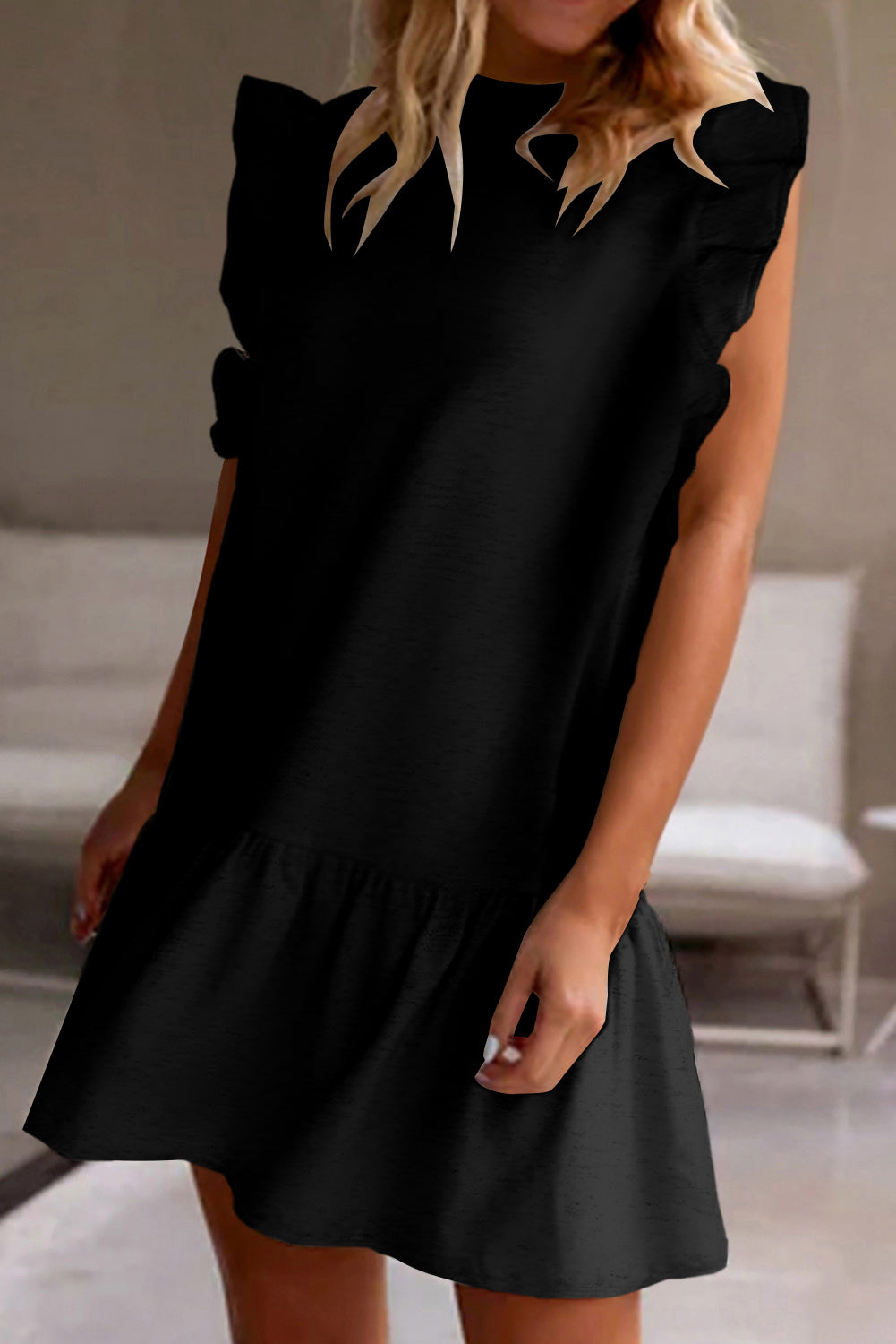 Blue Zone Planet | Black Flutter Sleeve Crew Neck Shift Dress Blue Zone Planet
