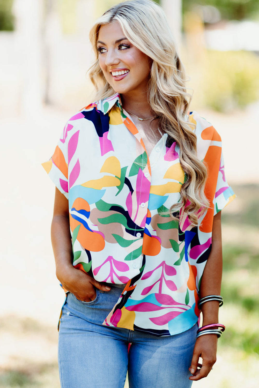 Blue Zone Planet | Multicolour Abstract Leafy Print Short Sleeve Shirt Blue Zone Planet