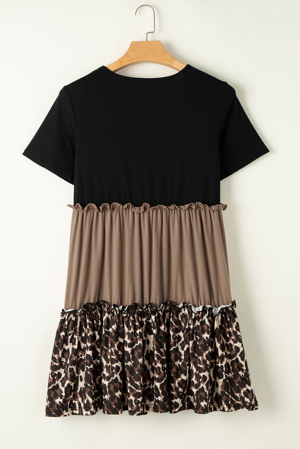Light French Beige Leopard Print Colorblock Frill Trim T-shirt Dress Blue Zone Planet