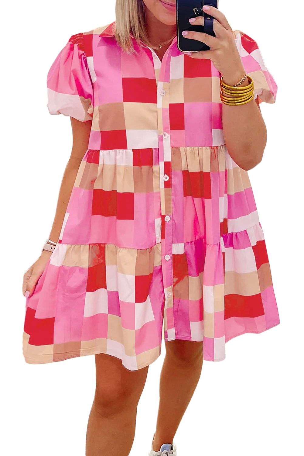 Blue Zone Planet | Pink Plaid Print Puff Sleeve Buttoned Tiered Dress Blue Zone Planet