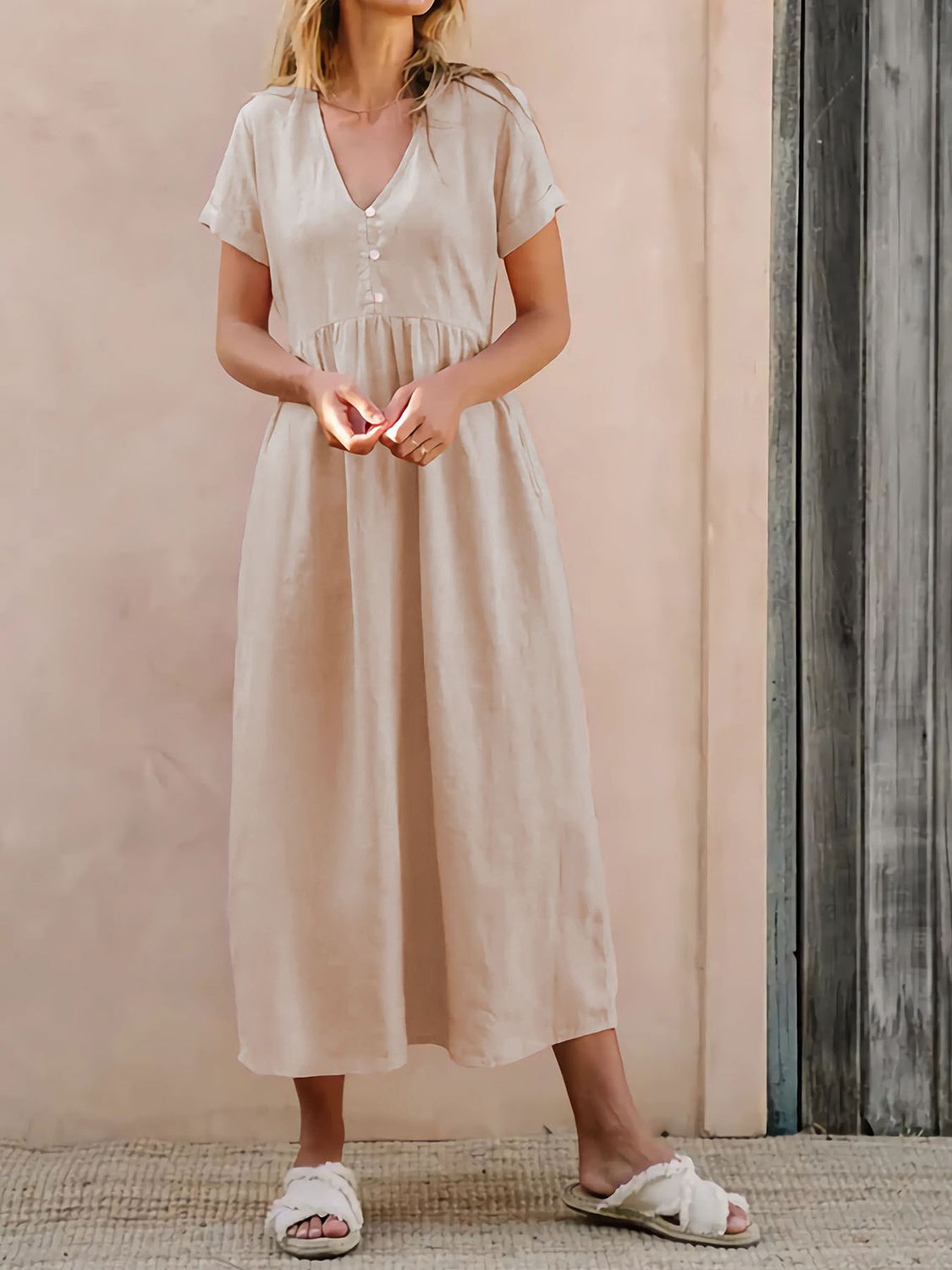 Blue Zone Planet | V-Neck Short Sleeve Midi Dress BLUE ZONE PLANET