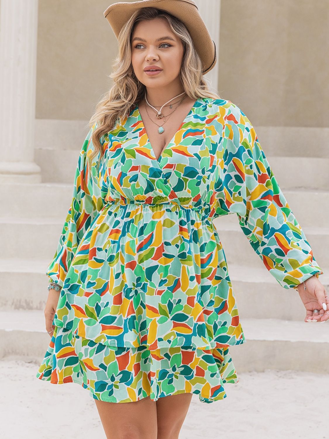 Plus Size Printed Surplice Long Sleeve Mini Dress Green / 1XL