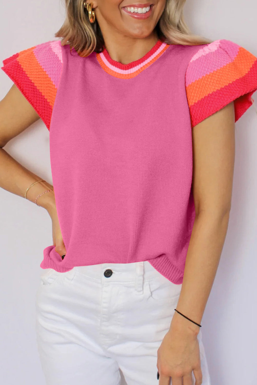 Blue Zone Planet | Carrot Contrast Flutter Sleeves Knitted Sweater T Shirt Blue Zone Planet