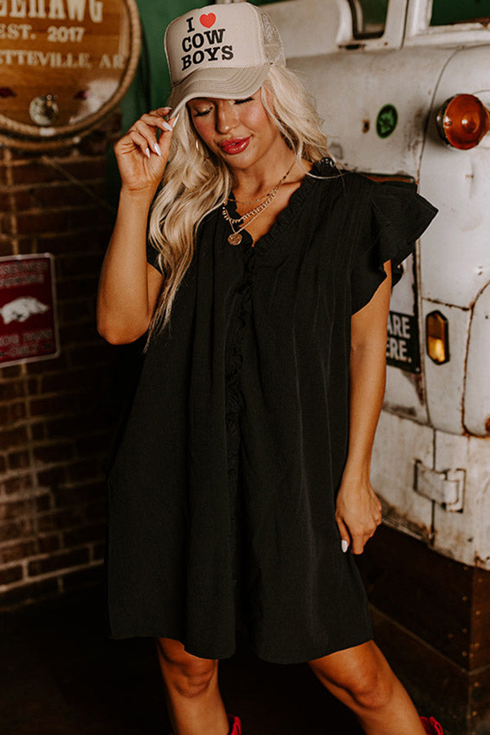 Blue Zone Planet | Black Ruffle Sleeve V Neck Frilled Shift Dress Blue Zone Planet