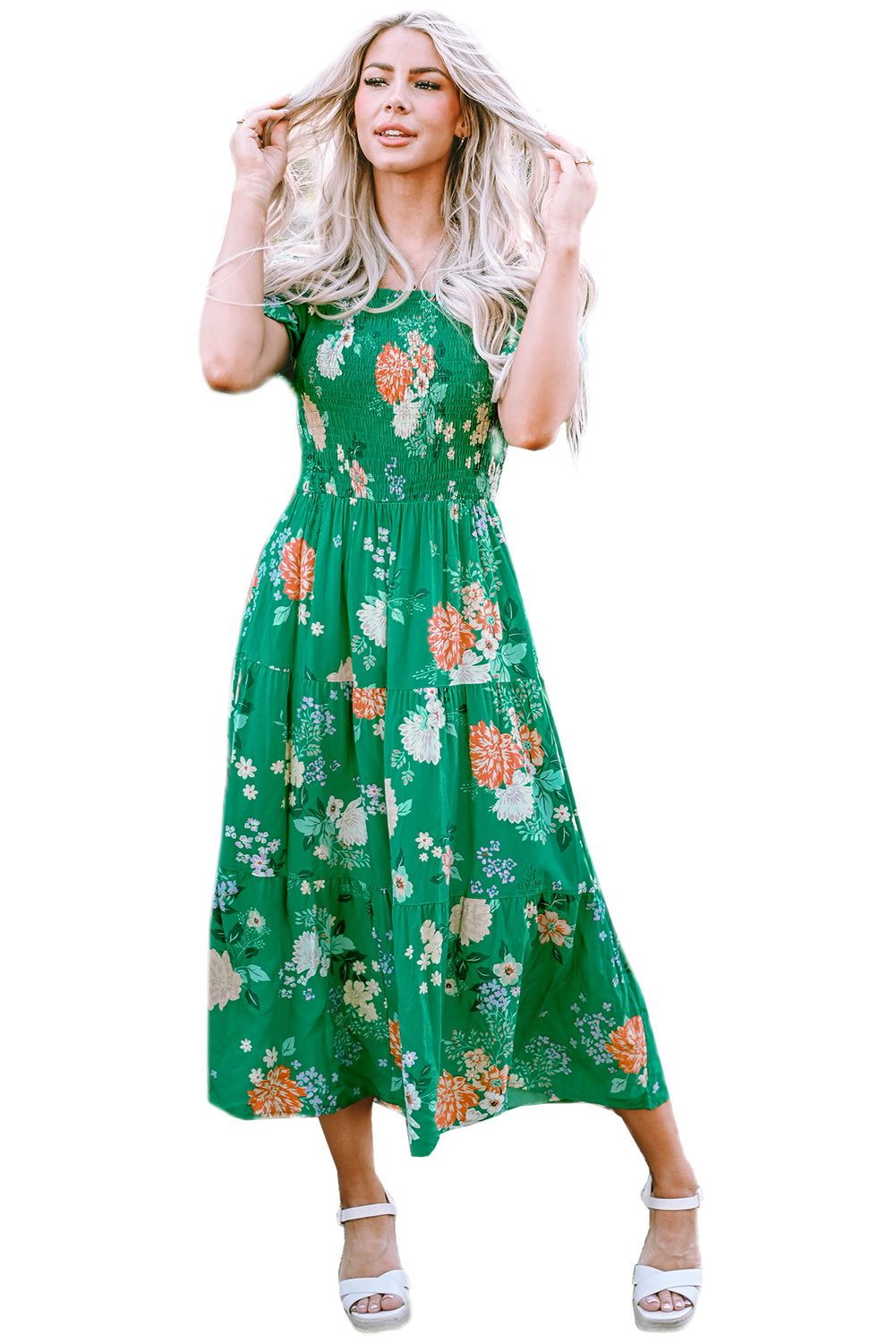 Blue Zone Planet | Green Floral Print Bubble Sleeve Smocked Tiered Midi Dress Blue Zone Planet