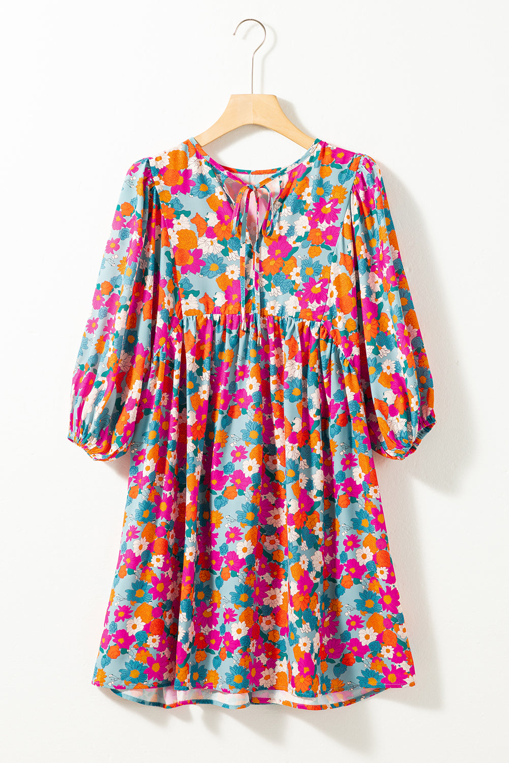 Blue Zone Planet | Sky Blue Floral Print Tie Split Neck Bubble Sleeve Babydoll Dress Blue Zone Planet