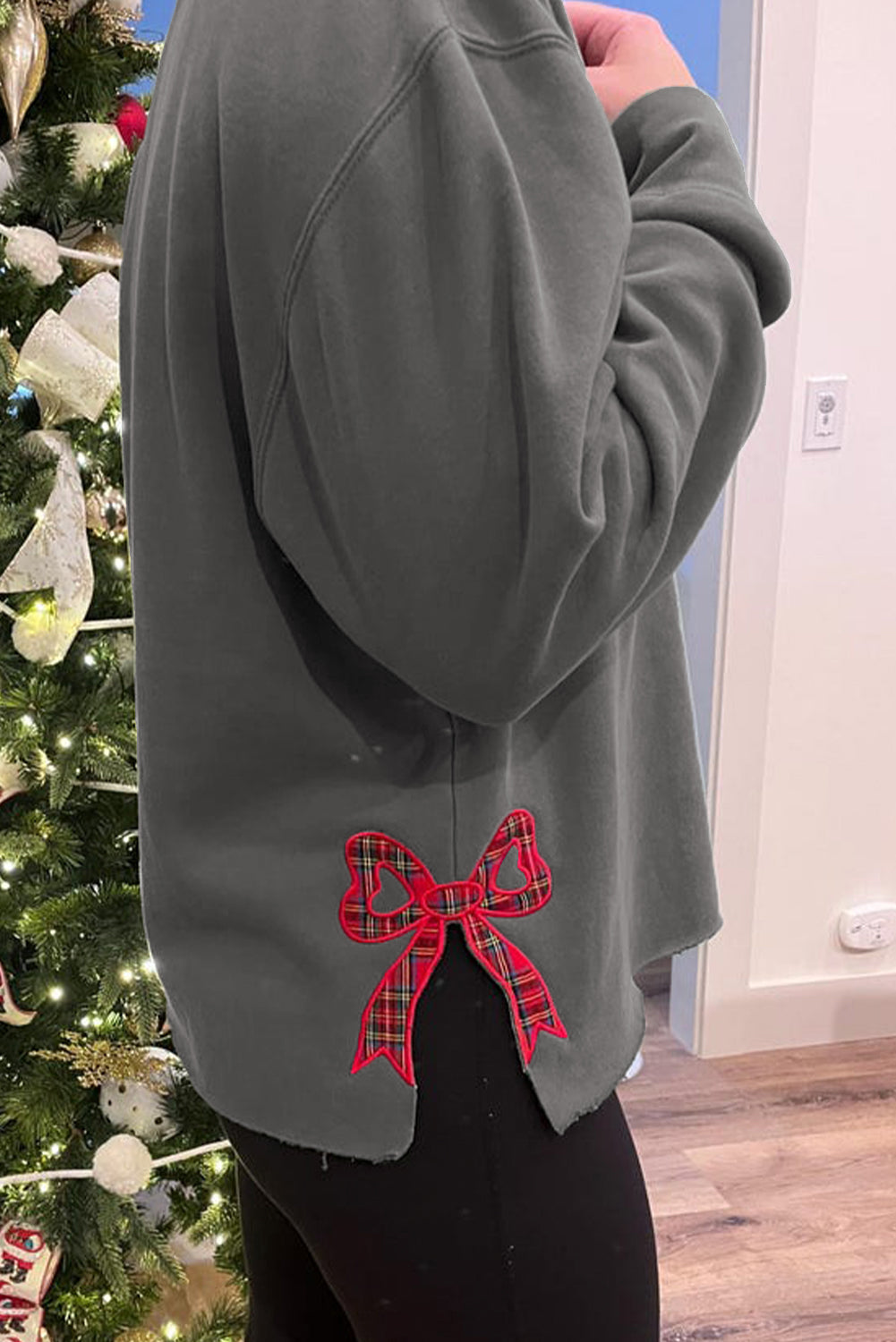 Medium Grey Plaid MERRY Bow Embroidered Plus Size Sweatshirt with Side Slits