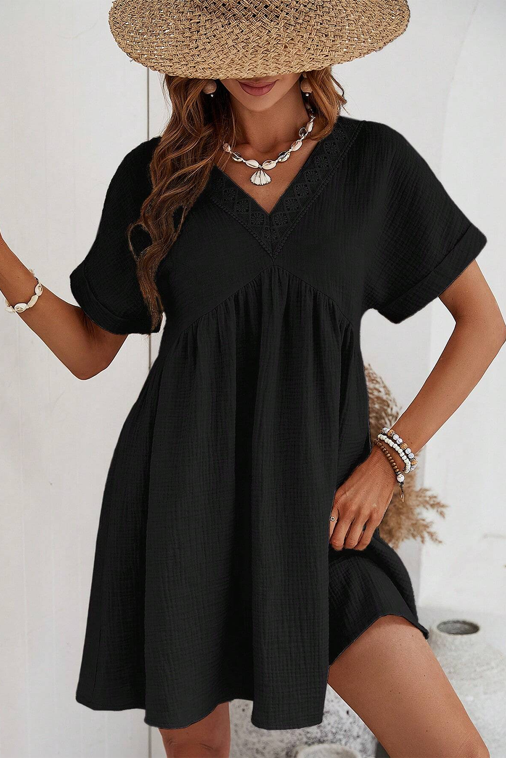 Blue Zone Planet | Black Folded Short Sleeve Lace V Neck Mini Dress Blue Zone Planet
