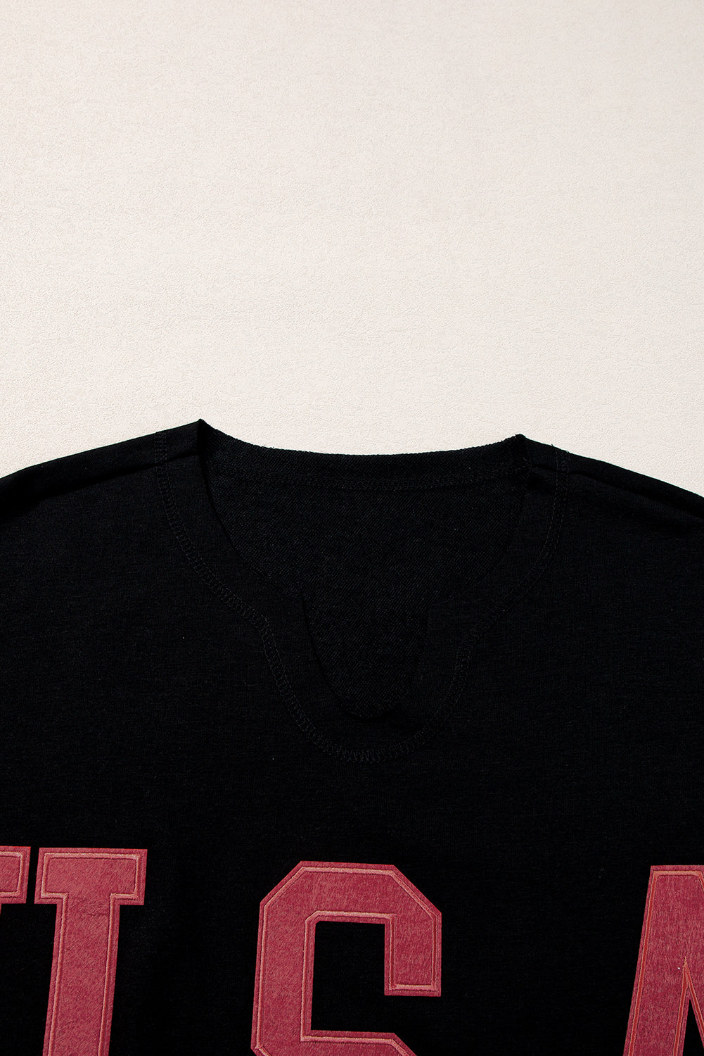 Black USA Lettering Patch Notched Neck Loose Tee Blue Zone Planet