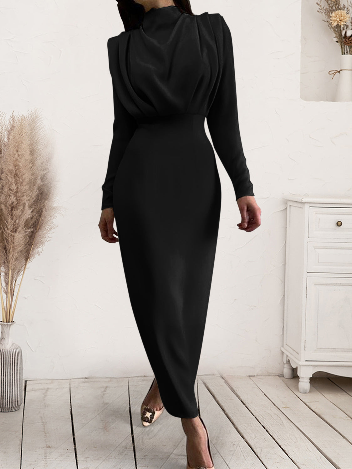 Blue Zone Planet | Ruched Turtleneck Long Sleeve Dress BLUE ZONE PLANET