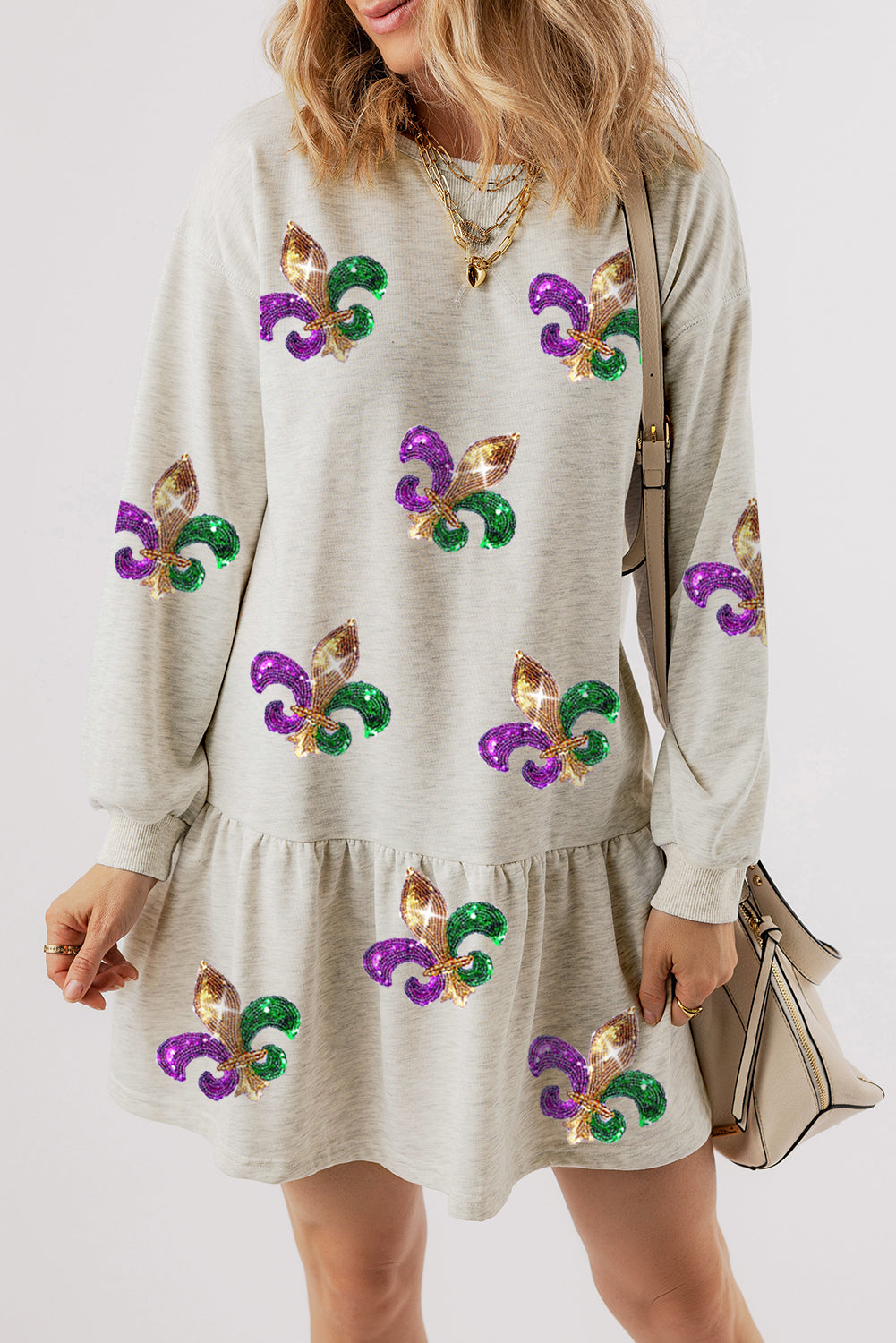 White Sequin Mardi Gras Fleur de Lis Graphic Ruffle Hem Mini Dress -