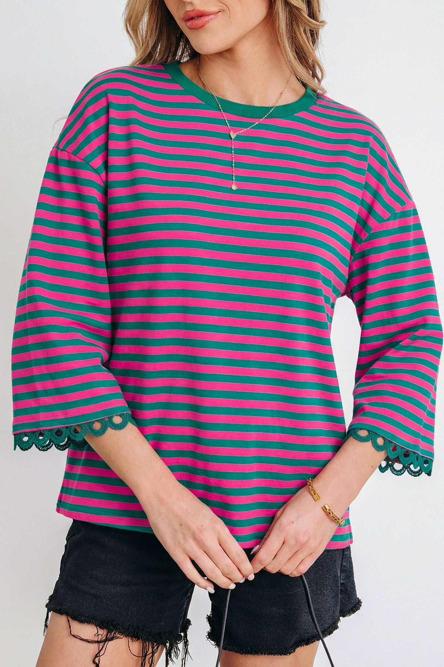 Sachet Pink Striped Print Drop Shoulder Lace Trim Bracelet Sleeve Loose Top