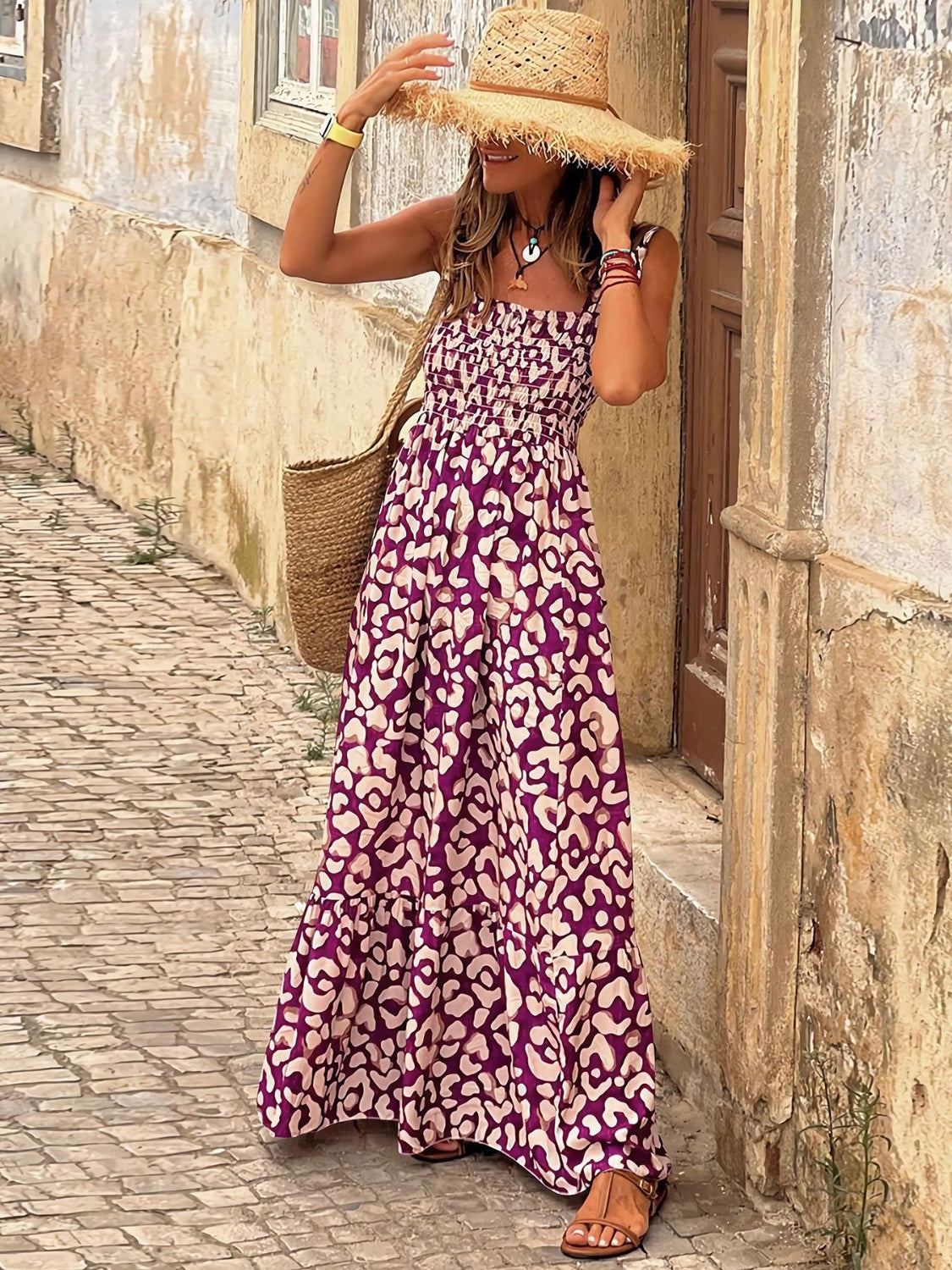 Smocked Printed Square Neck Sleeveless Dress BLUE ZONE PLANET