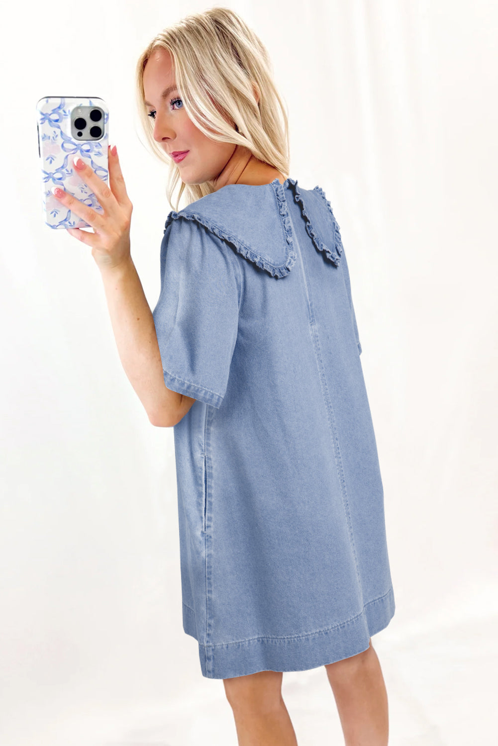 Beau Blue Frilled Peter Pan Collar Loose Denim Short Dress