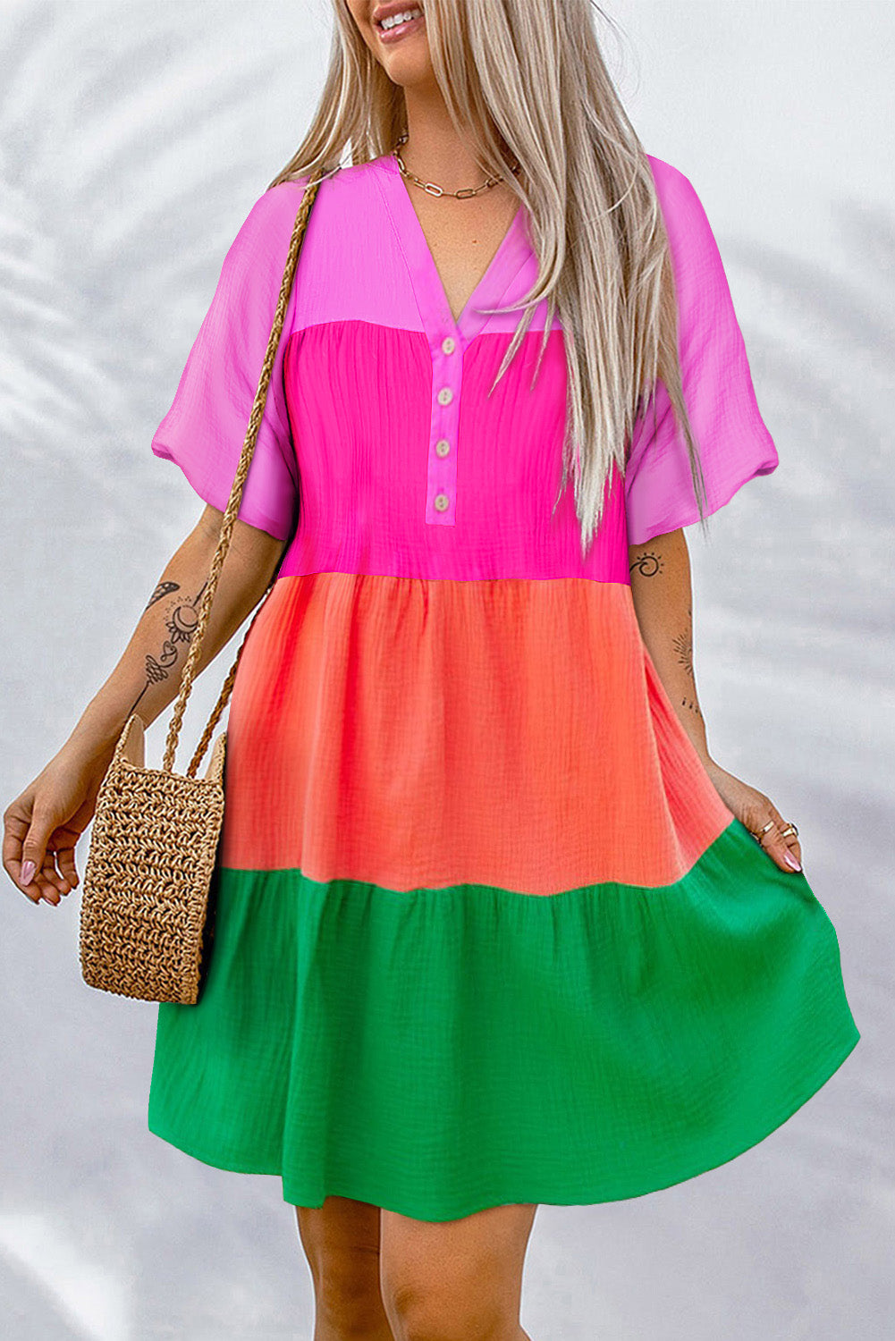 Blue Zone Planet | Multicolor Color Block Tiered Puff Sleeve Dress Blue Zone Planet
