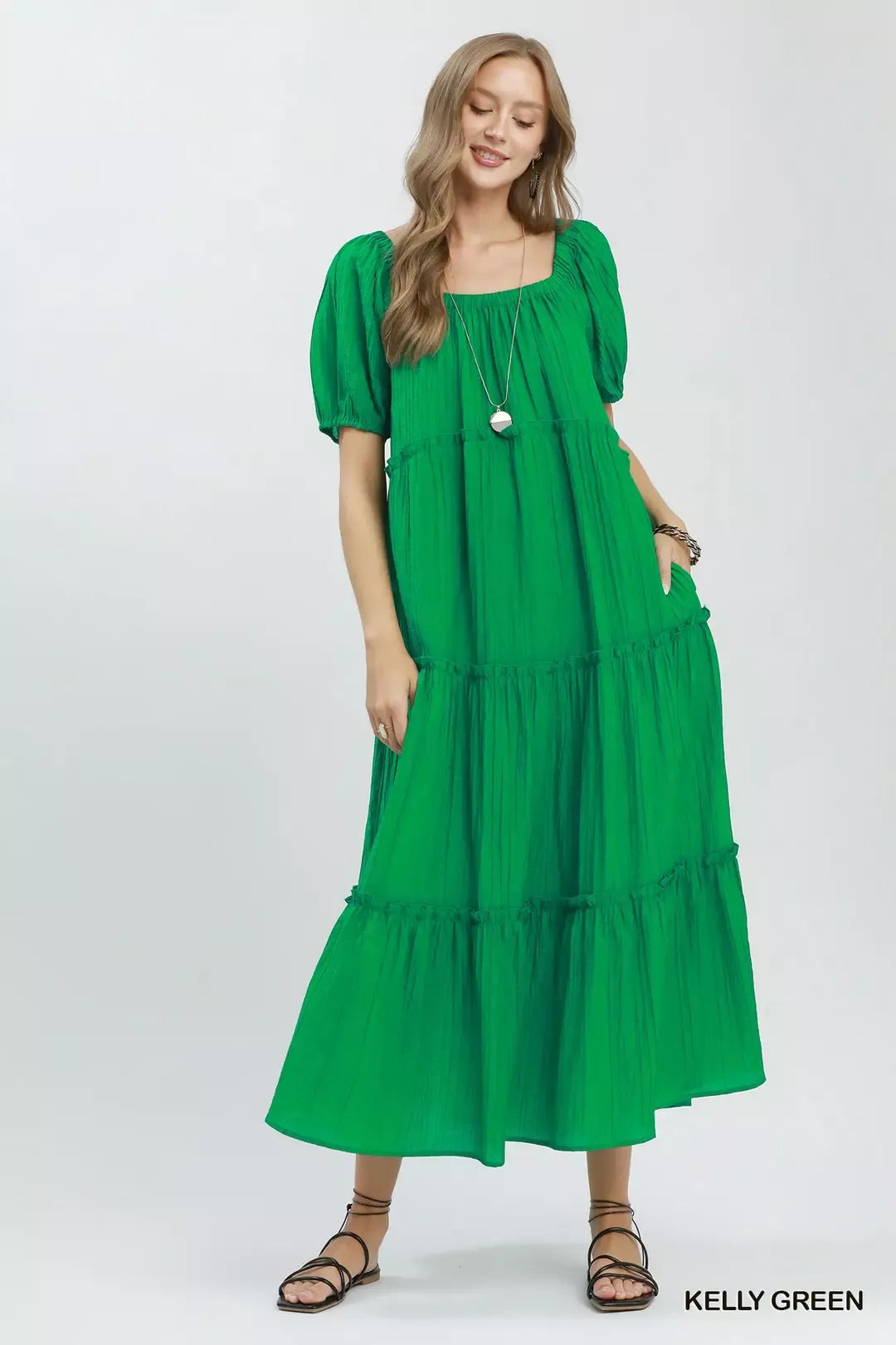 umgee tiered midi dress with ruffled sleeves Umgee Textured Tiered Midi Dress