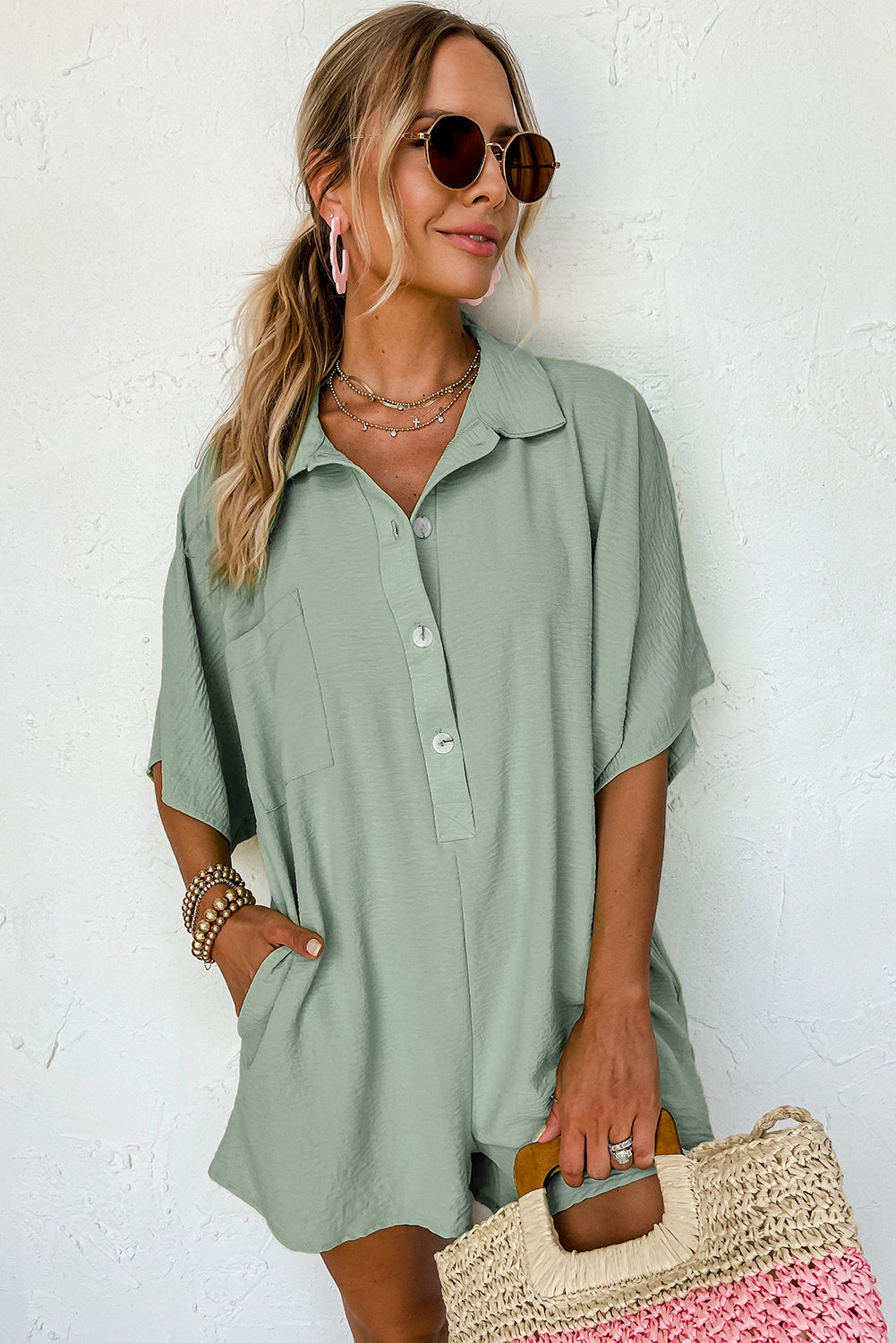 Bright Pink Half Button Collared Loose Romper Blue Zone Planet