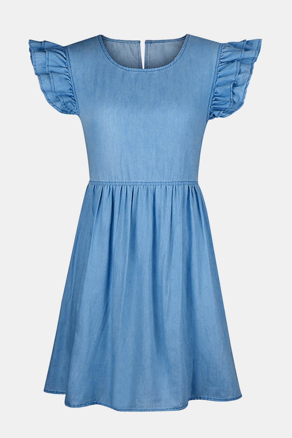 Blue Zone Planet | Clara's Full Size Ruffled Round Neck Cap Sleeve Denim Mini Dress BLUE ZONE PLANET