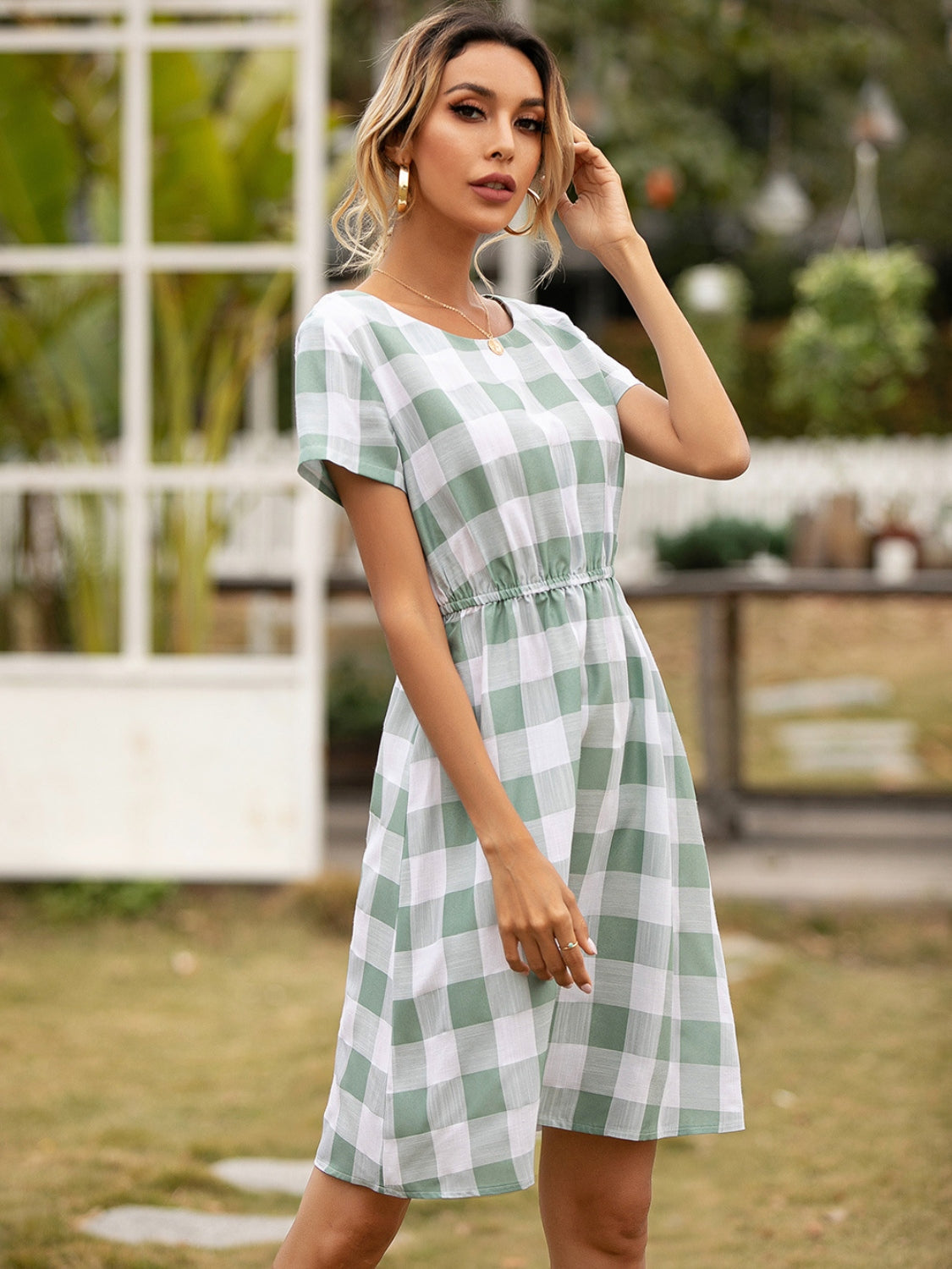 Blue Zone Planet | Smocked Plaid Round Neck Short Sleeve Dress BLUE ZONE PLANET